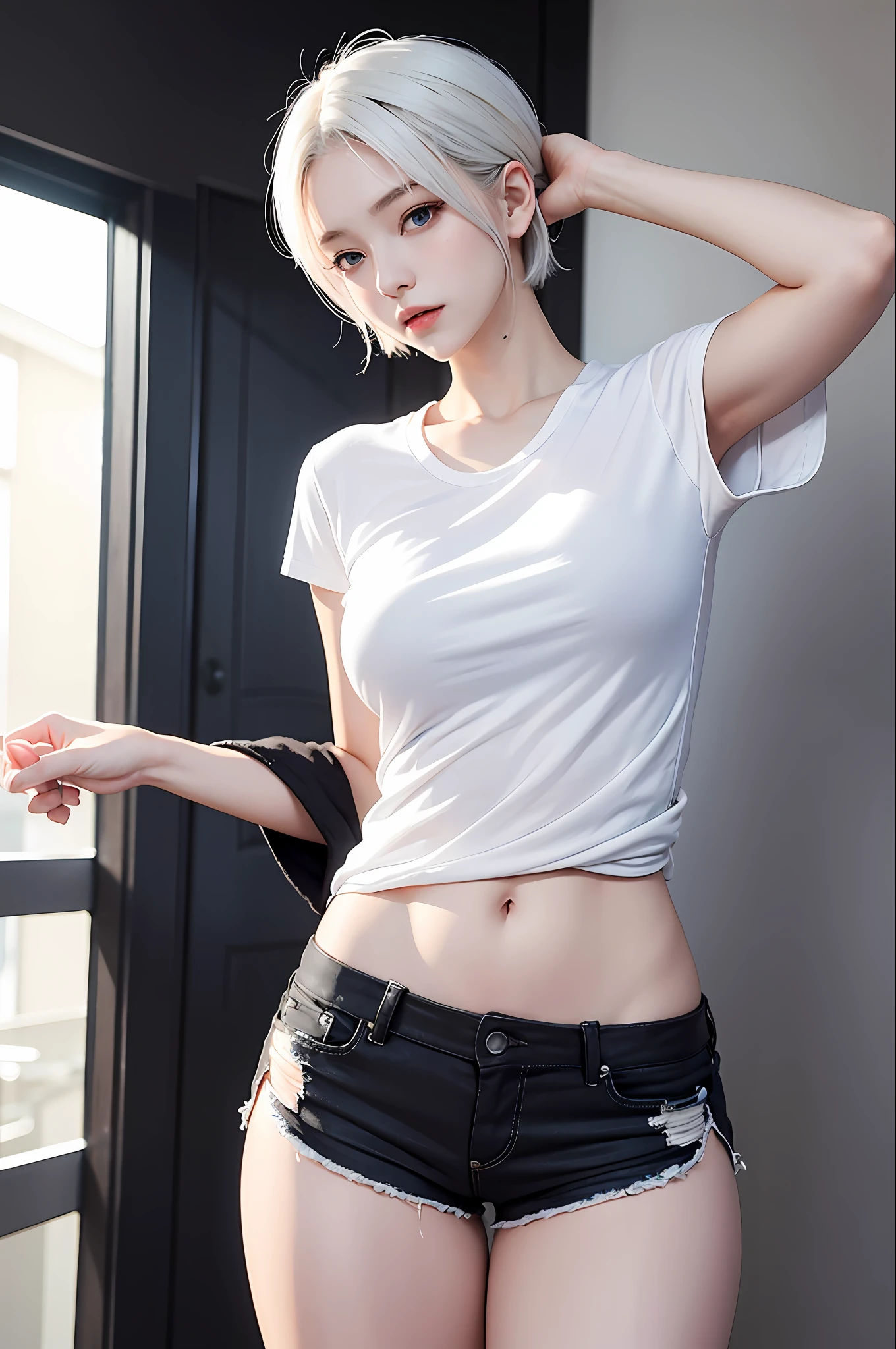 photorealistic, high resolution, 1 girl, short white hair, korean, looks like winter from aespa, blue eyes, loose white shirt, tight black shorts, thick thighs
