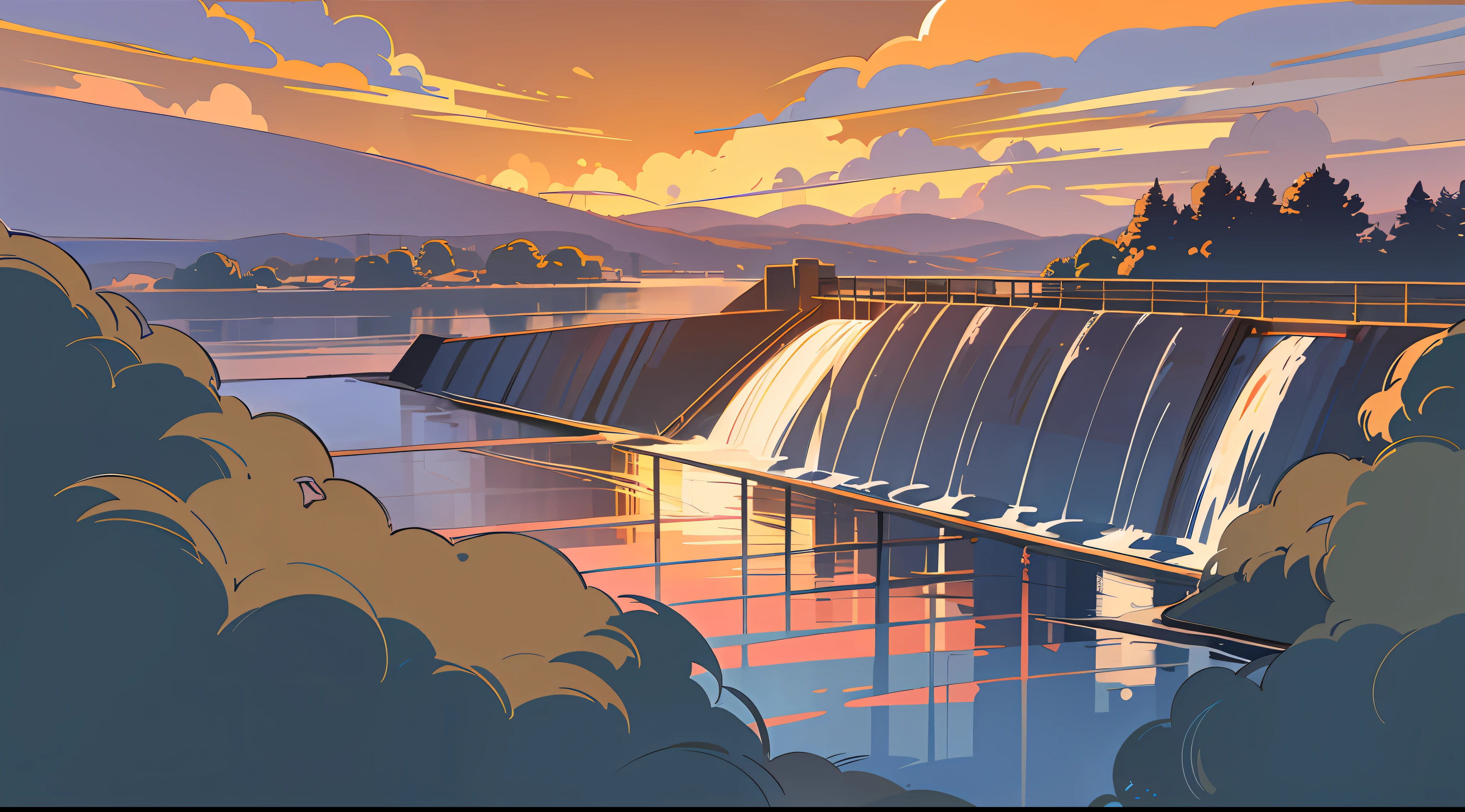 Great vista, clouds, dams, raging water. Illustration style, simple vector art, warm colors, sunset