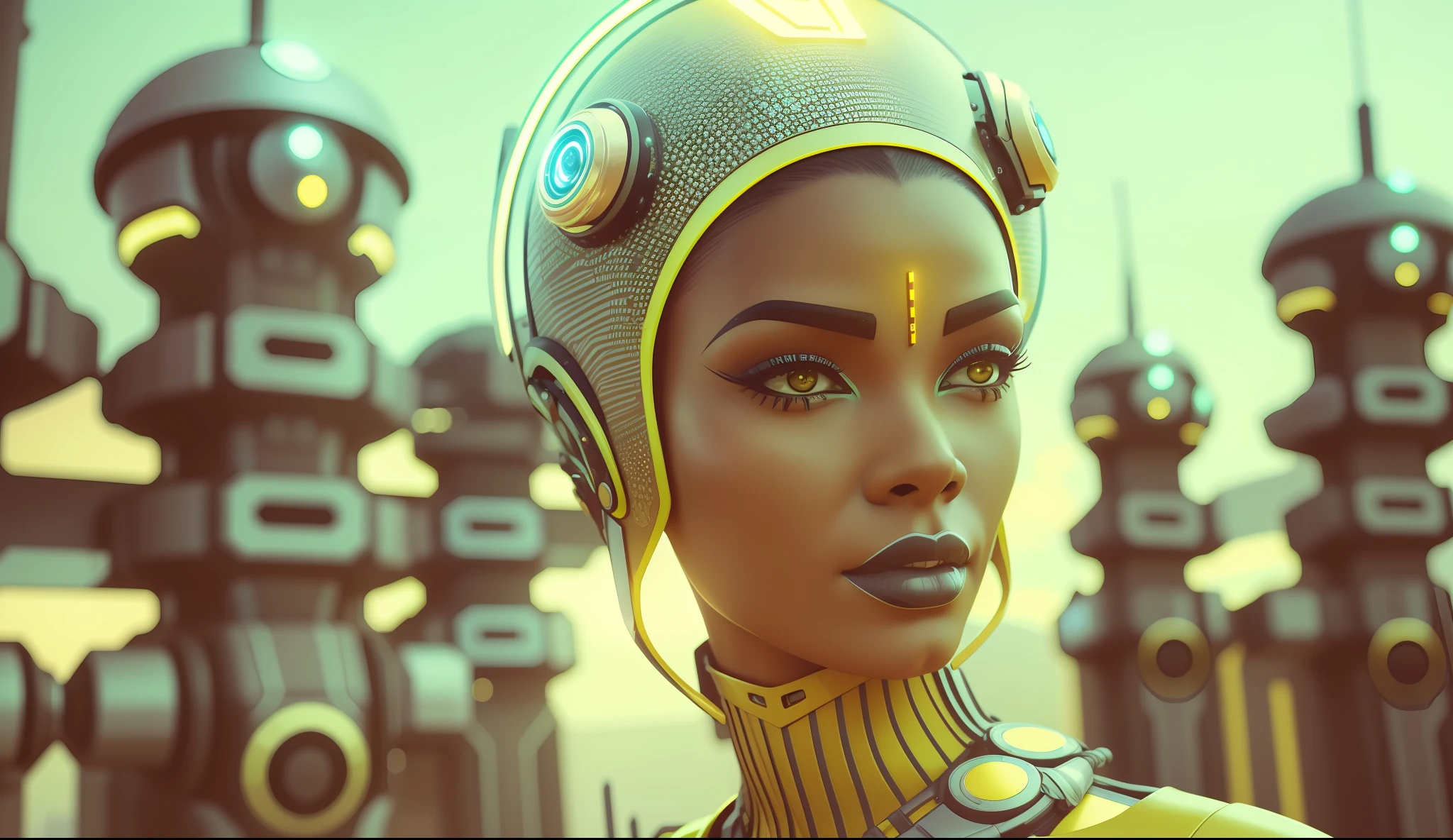 a woman wearing a futuristic headpiece and a yellow dress, cyberpunk art by Bruce Onobrakpeya, featured on cg society, afrofuturism, futuristic, sci-fi, reimagined by industrial light and magic