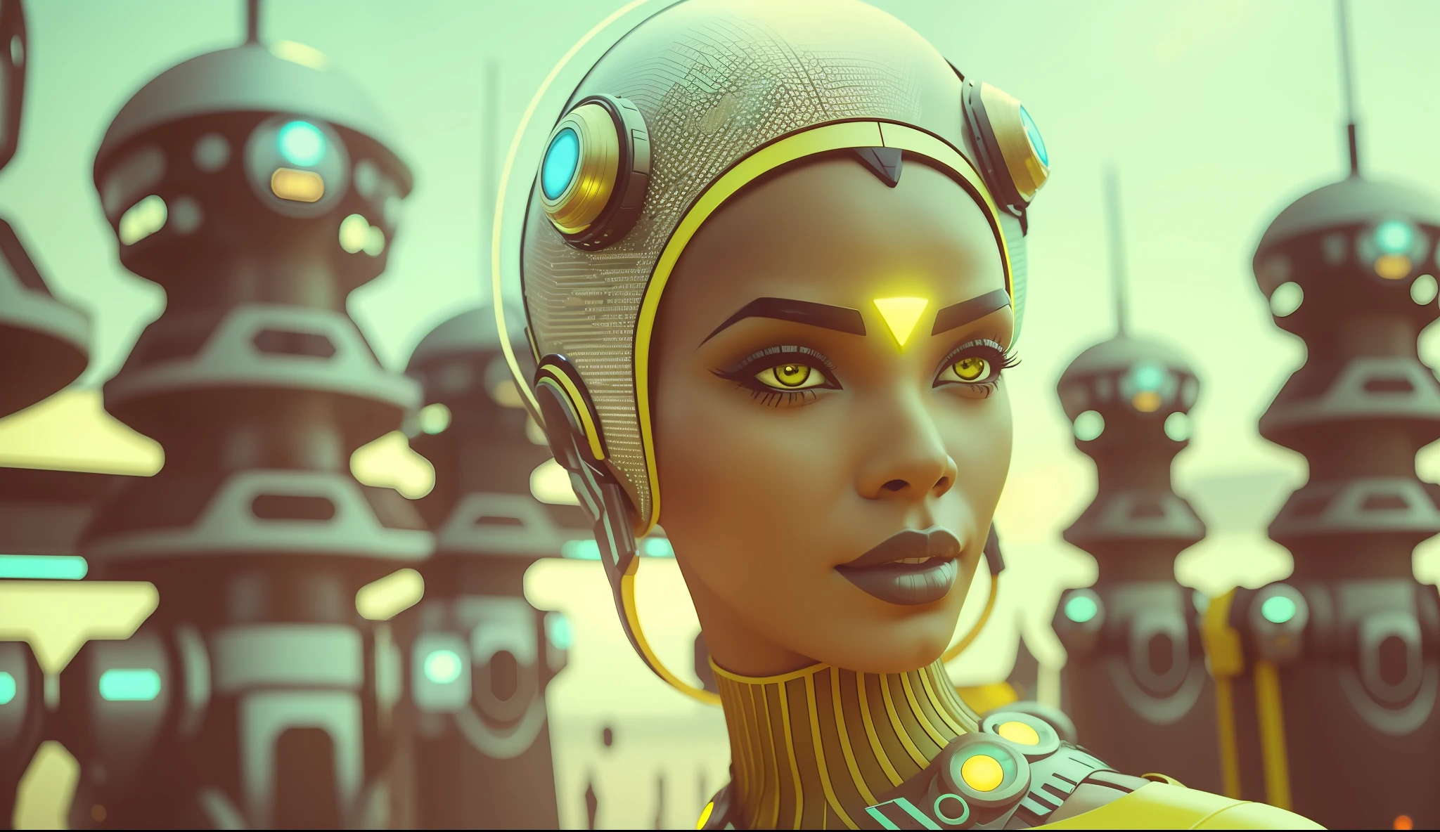 a woman wearing a futuristic headpiece and a yellow dress, cyberpunk art by Bruce Onobrakpeya, featured on cg society, afrofuturism, futuristic, sci-fi, reimagined by industrial light and magic