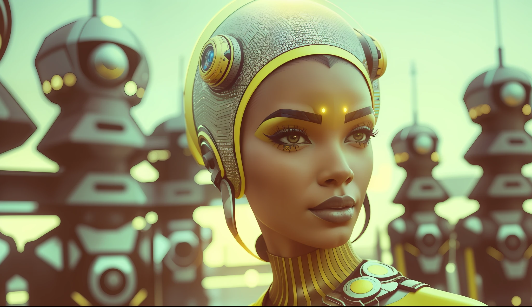 a woman wearing a futuristic headpiece and a yellow dress, cyberpunk art by Bruce Onobrakpeya, featured on cg society, afrofuturism, futuristic, sci-fi, reimagined by industrial light and magic