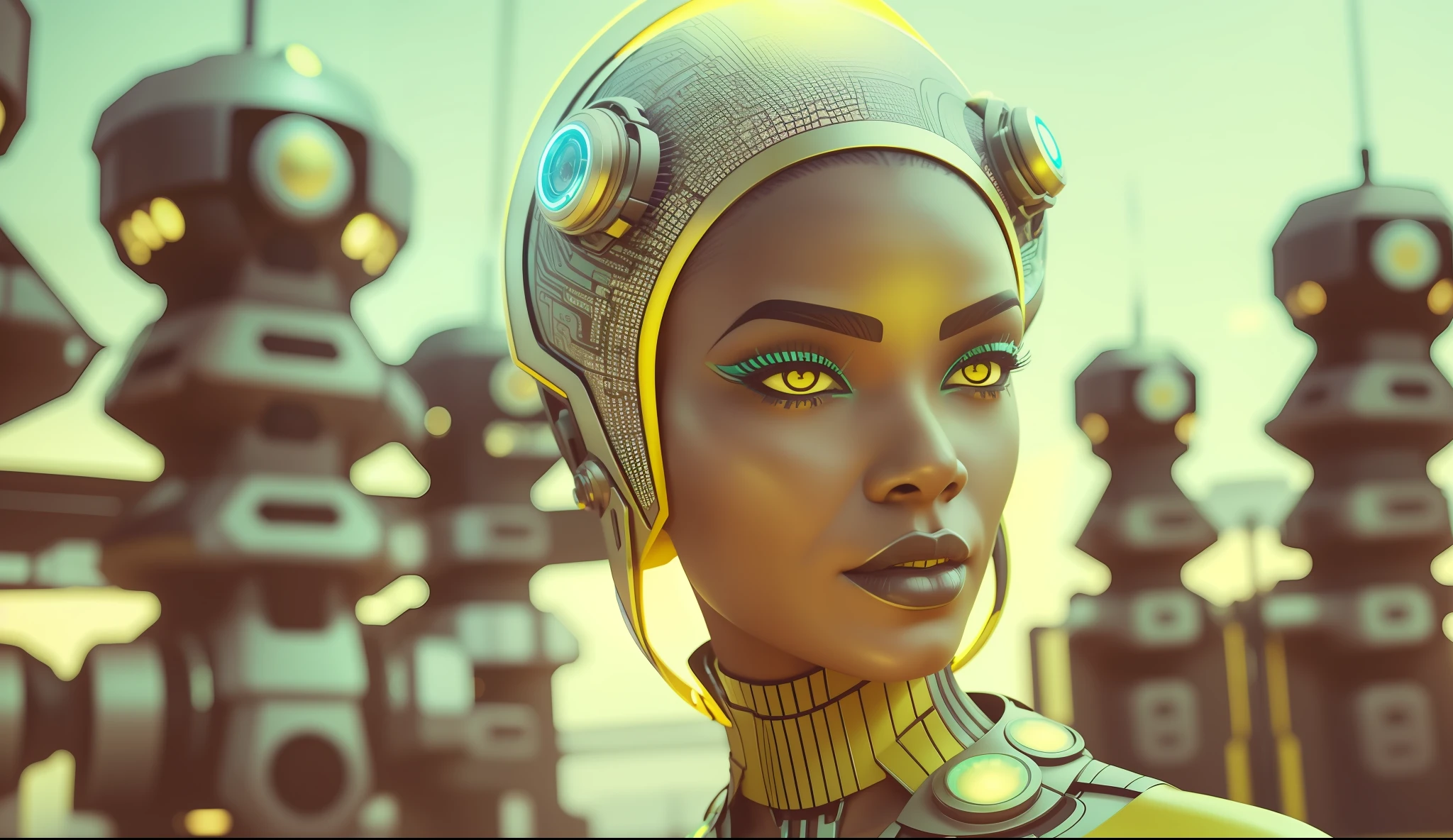 a woman wearing a futuristic headpiece and a yellow dress, cyberpunk art by Bruce Onobrakpeya, featured on cg society, afrofuturism, futuristic, sci-fi, reimagined by industrial light and magic