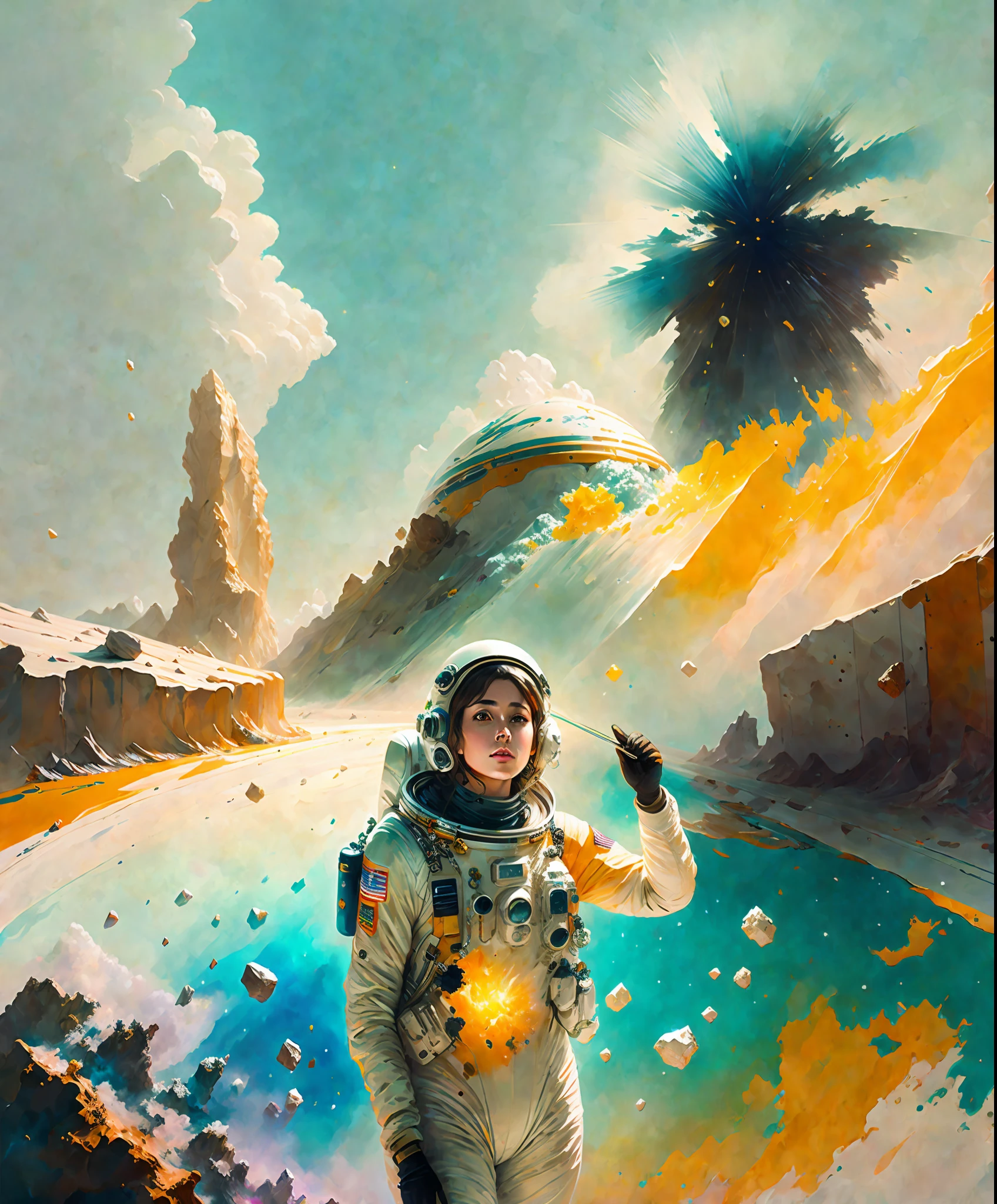 astronaut,  climbing the asteroid,  character render, ultra high quality model, ethereal background, abstract beauty, explosive volumetric, oil painting, heavy strokes, paint dripping