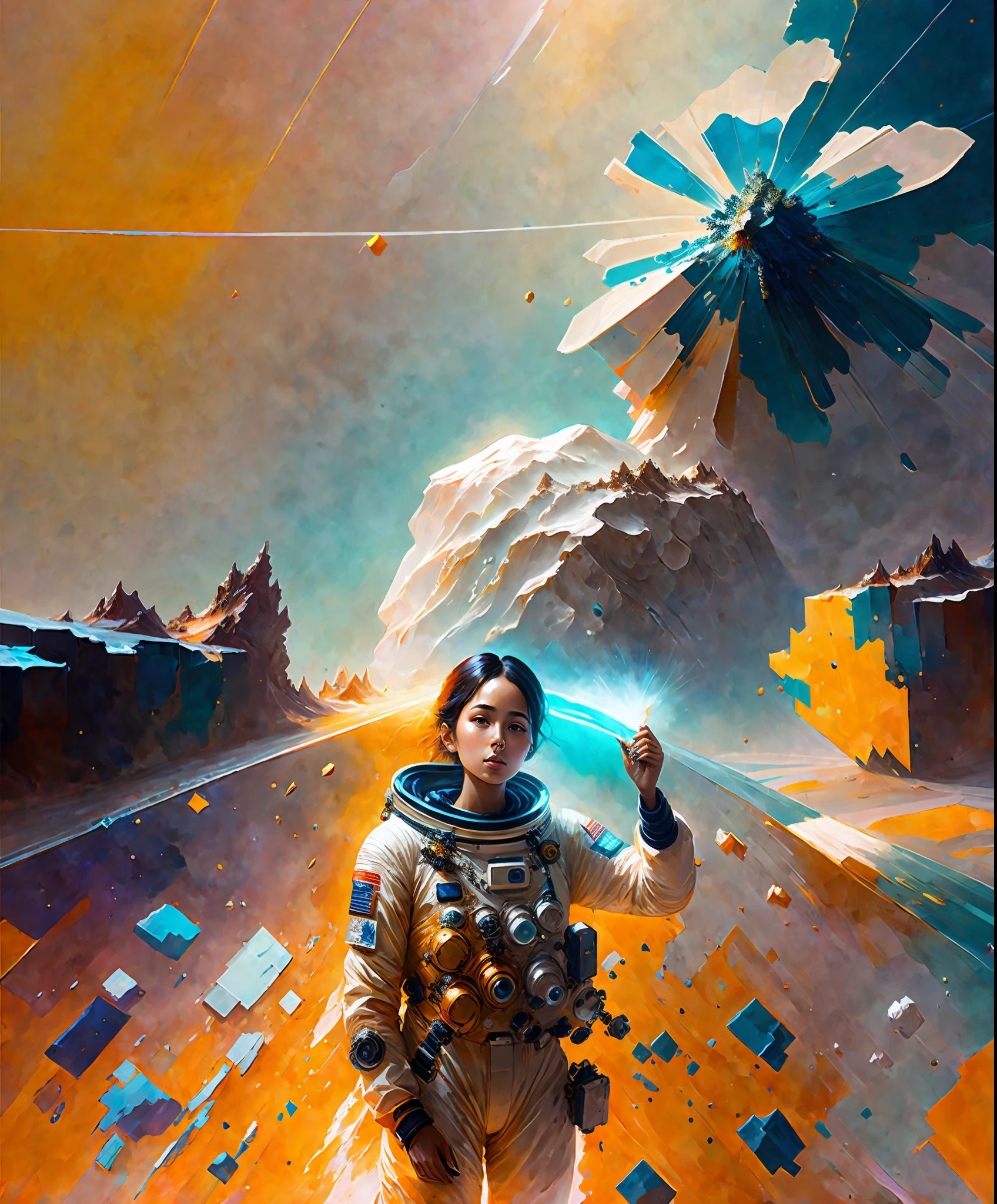 astronaut, climbing the asteroid, character render, ultra high quality model, ethereal background, abstract beauty, explosive volumetric, oil painting, heavy strokes, paint dripping