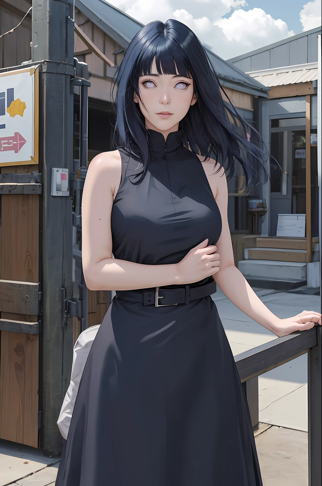 masterpiece, hinata\(boruto\), 1girl, solo, mature female, (((black dress))), tight skirt, ((modest outfit)), outdoors, looking at viewer, cloudy sky, perfect composition, detailed lips, big breast, beautiful face, body propotion, blush, (pink lips), ((long hair)), purple eyes, soft gaze, sad smile, super realistic, detailed, photoshoot, realistic face and body, realistic hair, realistic eyes, realistic nose, realistic lips, (((dark blue hair))), sleeveless dress