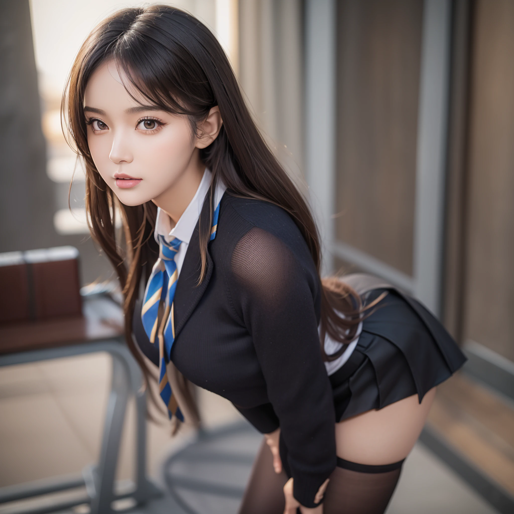 Pretty girl standing, thin legs, high heels on the ground, classroom, (masterpiece:1.3), (8k, photorealistic, RAW photo, best quality: 1.4), (1girl), beautiful face, (realistic face), black hair, long hair, beautiful hairstyle, realistic eyes, pretty detailed eyes, realistic skin, beautiful skin, super high resolution, super realistic, very detailed, golden ratio, cute, cute female teacher, high school girl in jk uniform, surreal high school girl, short skirt, tight skirt, pantyhose, black stockings, full body view, thin arms, big breasts