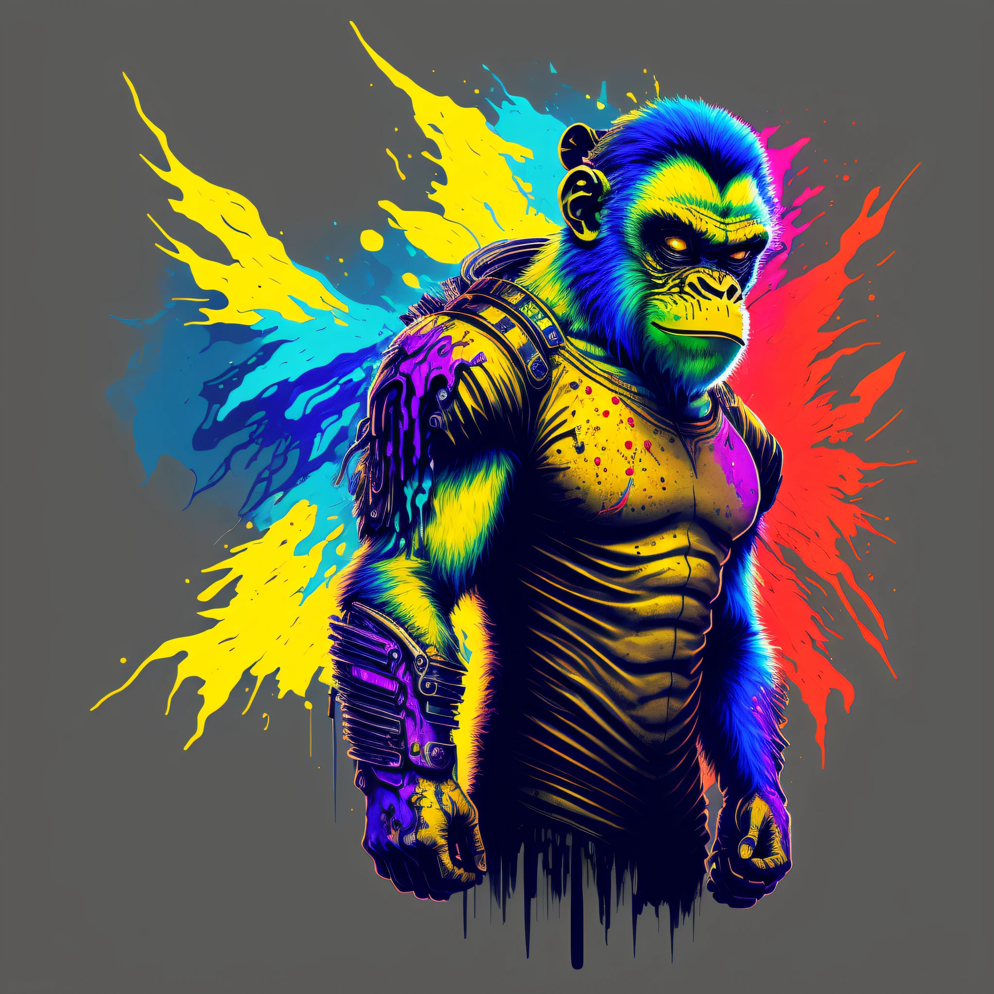 (a portrait of Cyberpunk Monkey with colored fluid), T-shirt logo in tapered thin outline style, spell view, artwork in (empty background:1.4)