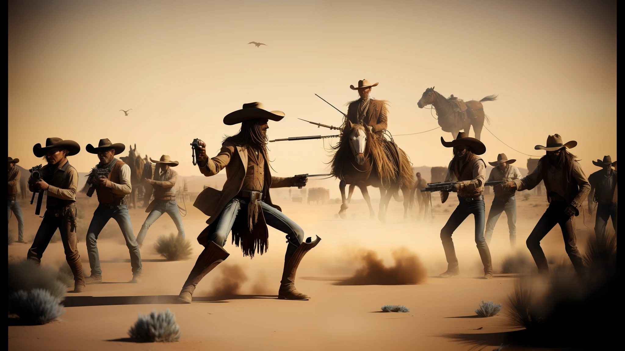 cowboys in the desert with guns and a horse in the background, endoskeleton, award-winning fantasy art, promotional photograph, cinemascope panorama, powerful male scarecrow, nomadic urbanism, artist impression, machine vs demons, early cgi, winning illustration