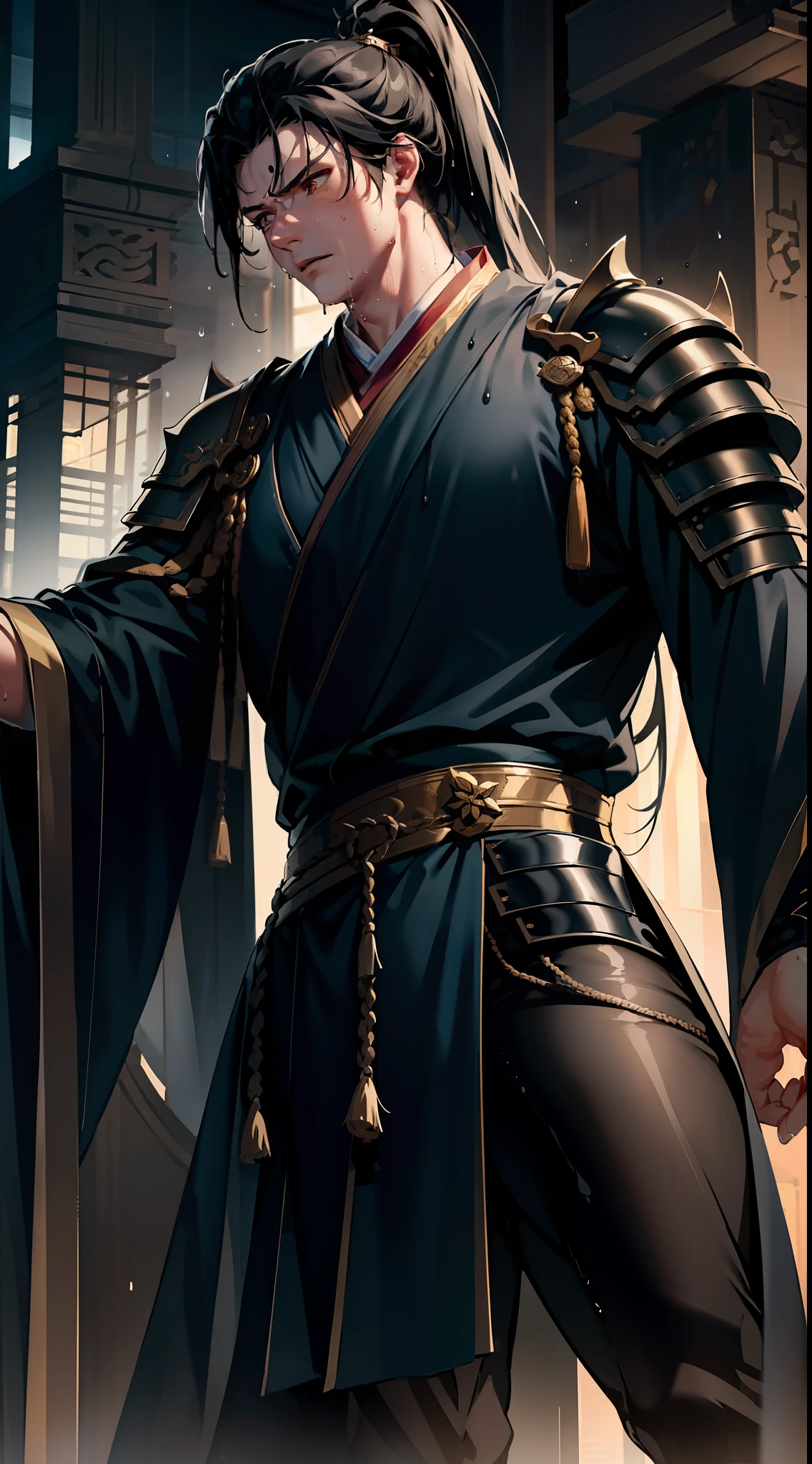 Two-dimensional, anime style, man (male warrior), muscle, correct proportions, face details, martial arts, high ponytail hairstyle, sweating, sweaty face, drooling, neck details, with Adam's apple, wet, wet, Hanfu costume, long robe, embroidered robe, dragon robe, clothing details, collar, long sleeves, game quality, swordsman demeanor, light and shadow tracing, ray tracing, detail glow, CG rendering, hair details, long black hair, golden eyes, sweaty face, handsome, handsome, sweat beads slipping down the neck, (juvenile feeling), complex clothing, wet, wet, perfect composition, refinement, high quality, more details, a lot of details, complex background, atmosphere,