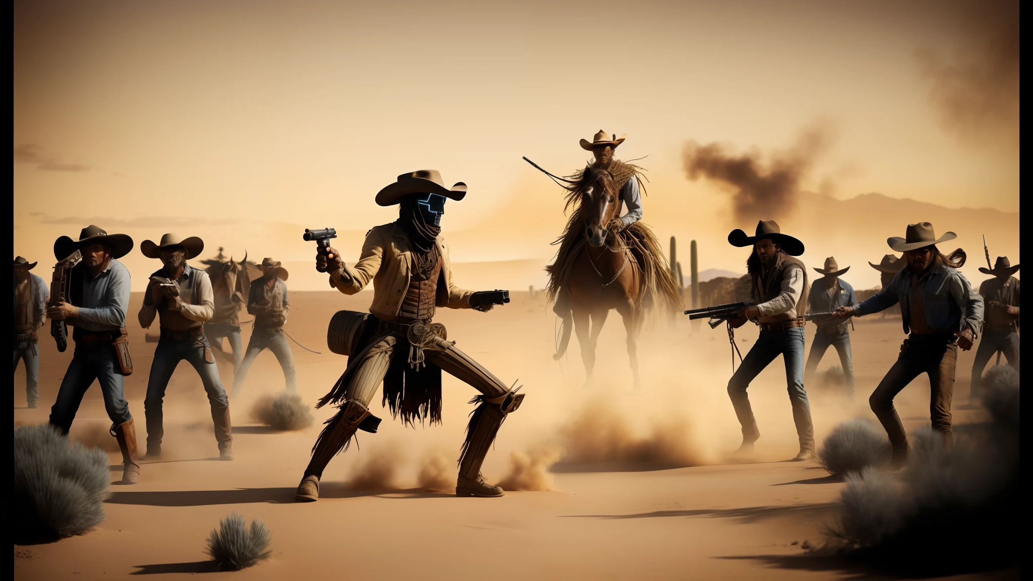 cowboys in the desert with guns and a horse in the background, endoskeleton, award-winning fantasy art, promotional photograph, cinemascope panorama, powerful male scarecrow, nomadic urbanism, artist impression, machine vs demons, early cgi, winning illustration