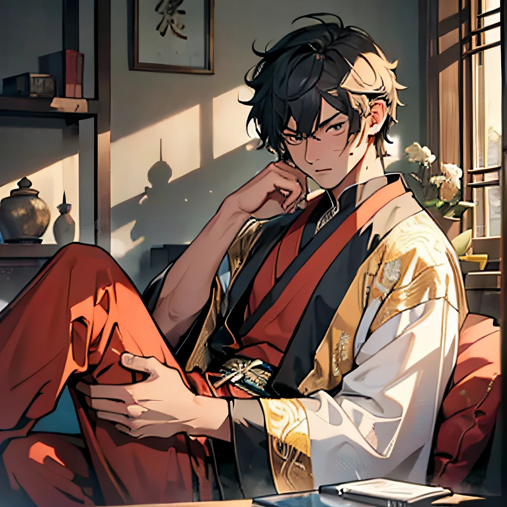 Masterpiece, best quality, super detailed, illustrated, a 20-year-old male with short hair in a yellow Taoist robe, (serious expression, sweating: 1.5) sitting on a sofa in his bedroom, watching a mobile phone video, (upper body display: 1.4)
