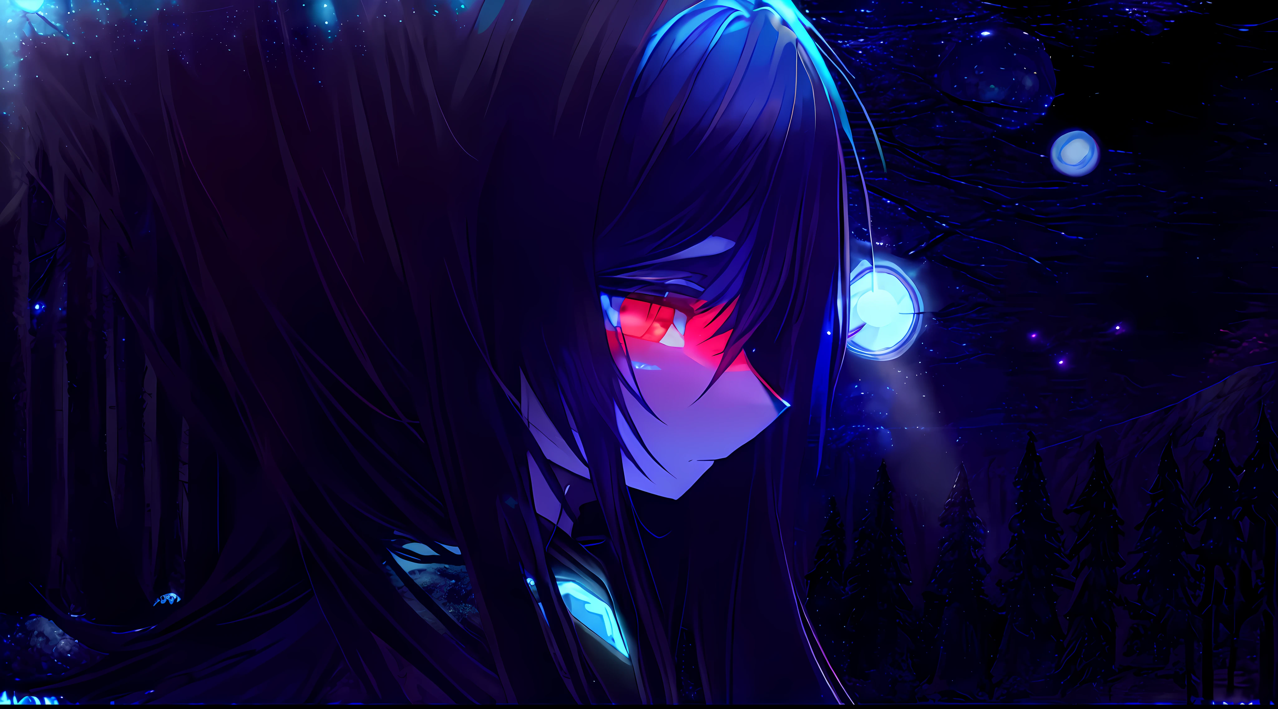 Black wolf, forest, dark fantasy, ((glowing light, blue moon:1.55)), master piece, body fur, HD, wolf, , 1girl, red eyes, long hair, neon hair,, assassin, blood in face