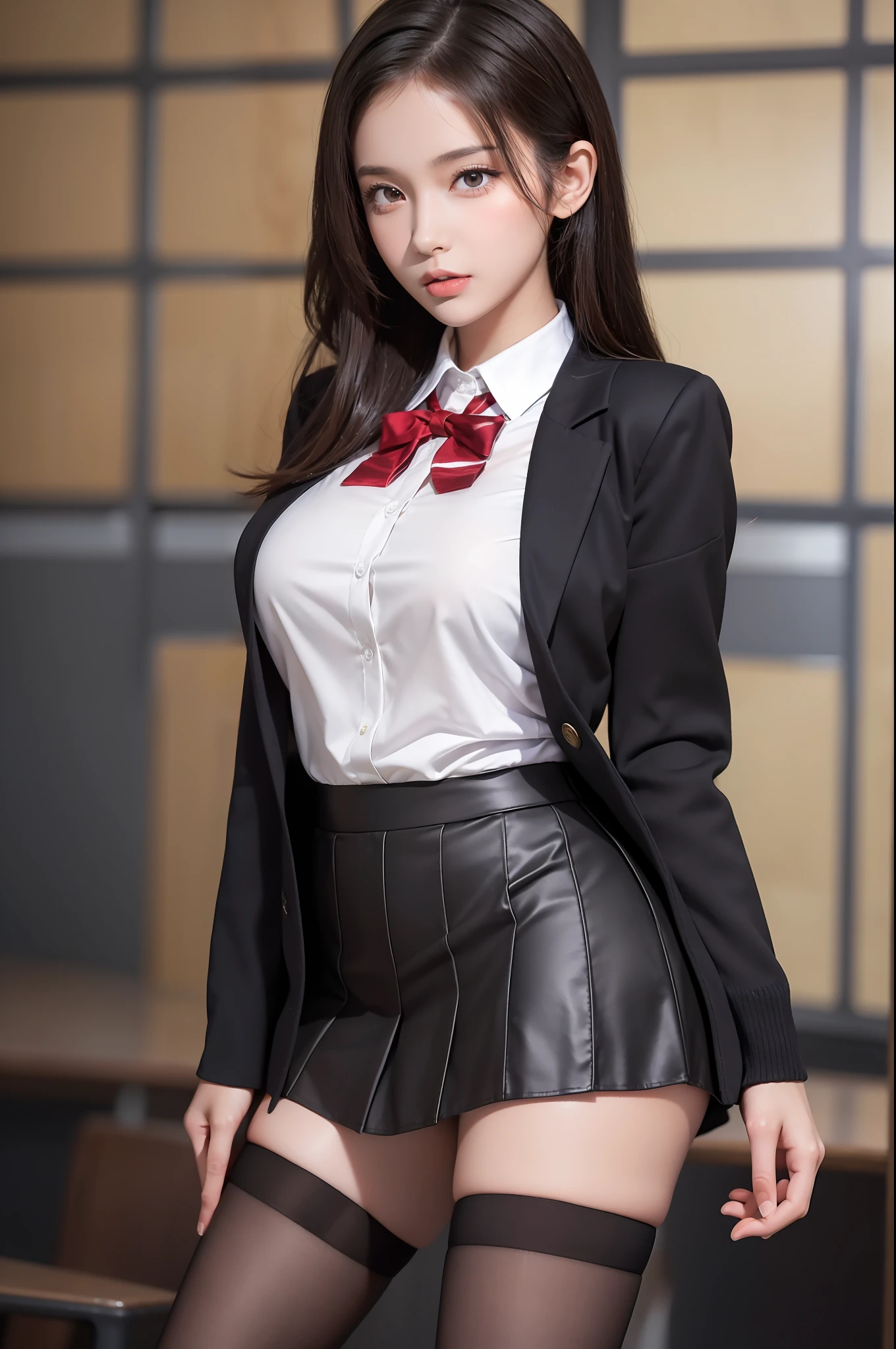 Pretty girl standing, thin legs, high heels on the ground, classroom, (masterpiece:1.3), (8k, photorealistic, RAW photo, best quality: 1.4), (1girl), beautiful face, (realistic face), black hair, long hair, beautiful hairstyle, realistic eyes, pretty detailed eyes, realistic skin, beautiful skin, super high resolution, super realistic, very detailed, golden ratio, cute, cute female teacher, high school girl in jk uniform, surreal high school girl, short skirt, tight skirt, pantyhose, black stockings, full body view, thin arms, big breasts