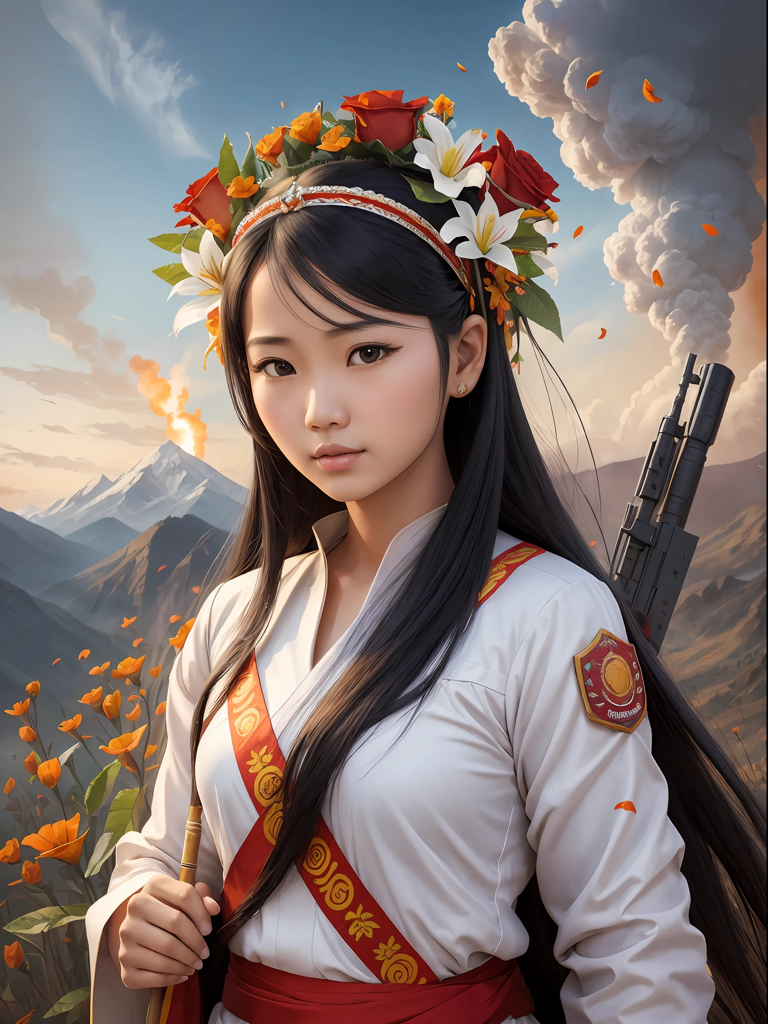 Stunning realistic beautiful Asian pretty Myanmar Kachin ethnic girl wearing flowers on her head, orange poppy, red rose, white lily, purple magnolia, Chineland cherry, rifle sash on the shoulder, war-fighting zone at landscape background, an explosion at the top of mountain, shooting down and fallen of fire wrecking tail helicopter, running troops, high resolution, dynamic color, long black hair, masterpiece, propaganda, war disadvantage impact --auto --s2