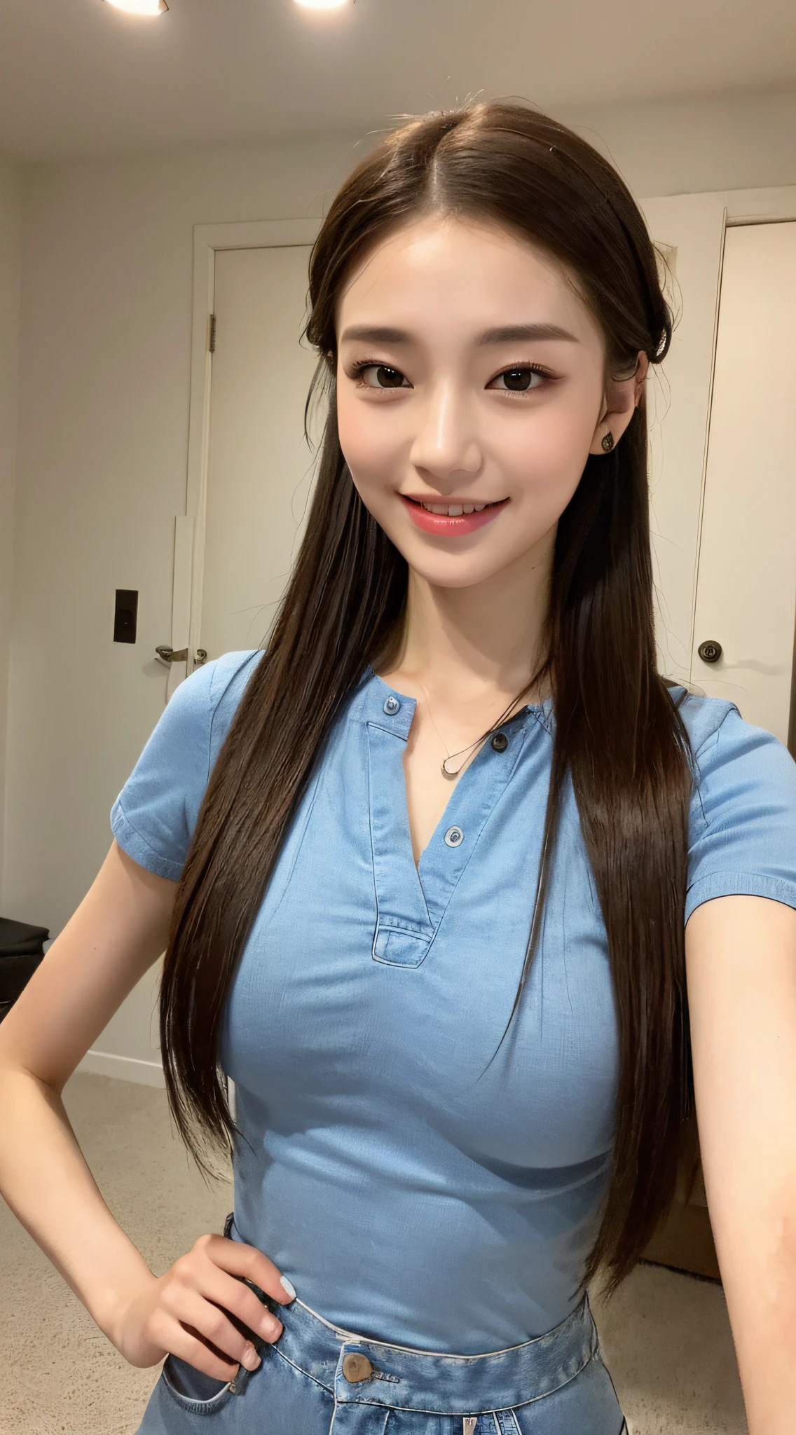 ((Best Quality, 8K, Masterpiece: 1.3)), 1girl, Slim Abs Beauty: 1.3, (Casual hairstyle, Big Breasts: 1.2), Dress: 1.1, Super fine face, Detailed eyes, Double eyelids, smile, Home, Focus