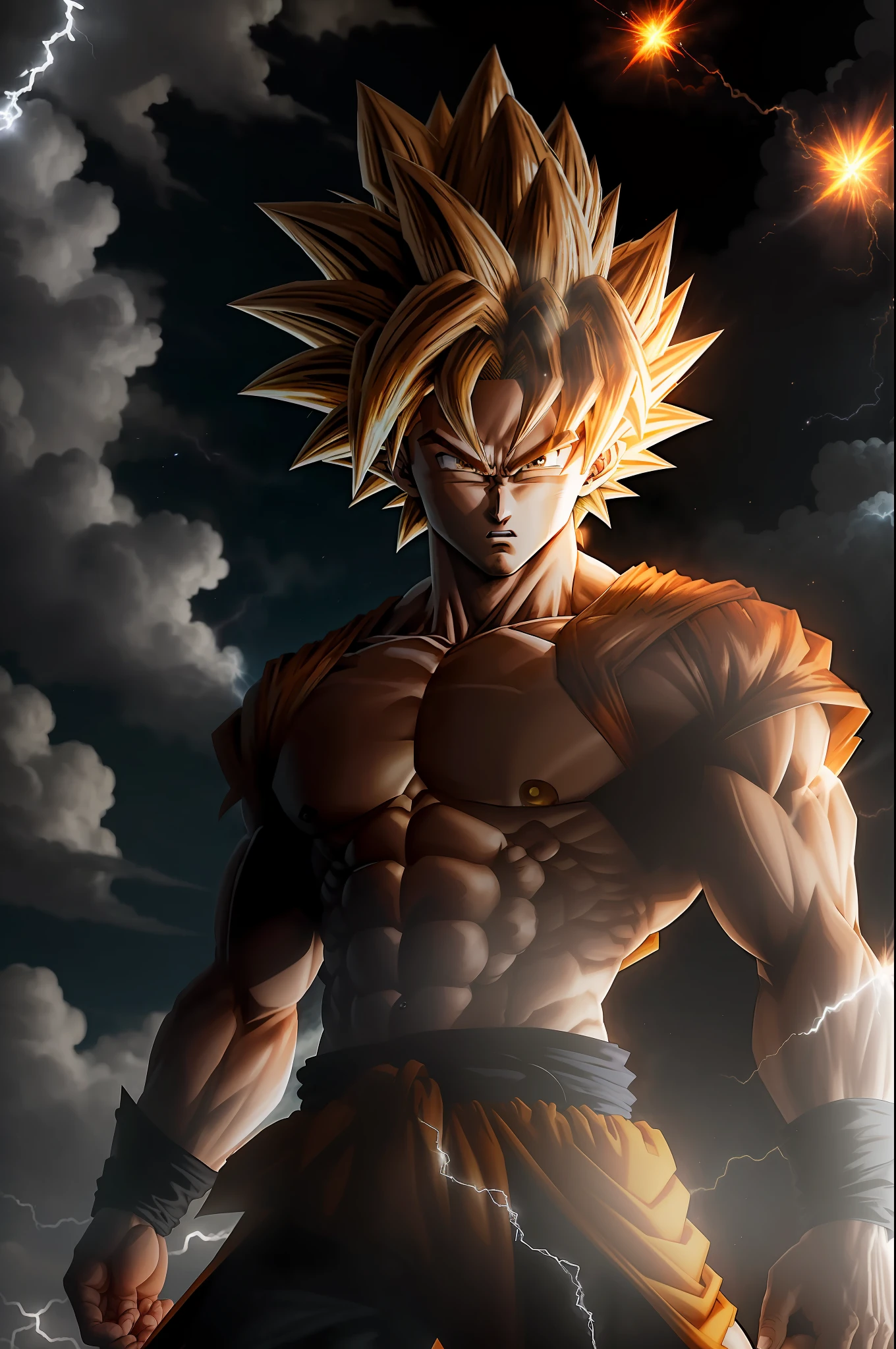 Masterpiece, best quality, Goku, Super Saiyan, silver hair, with lightning, with streamers