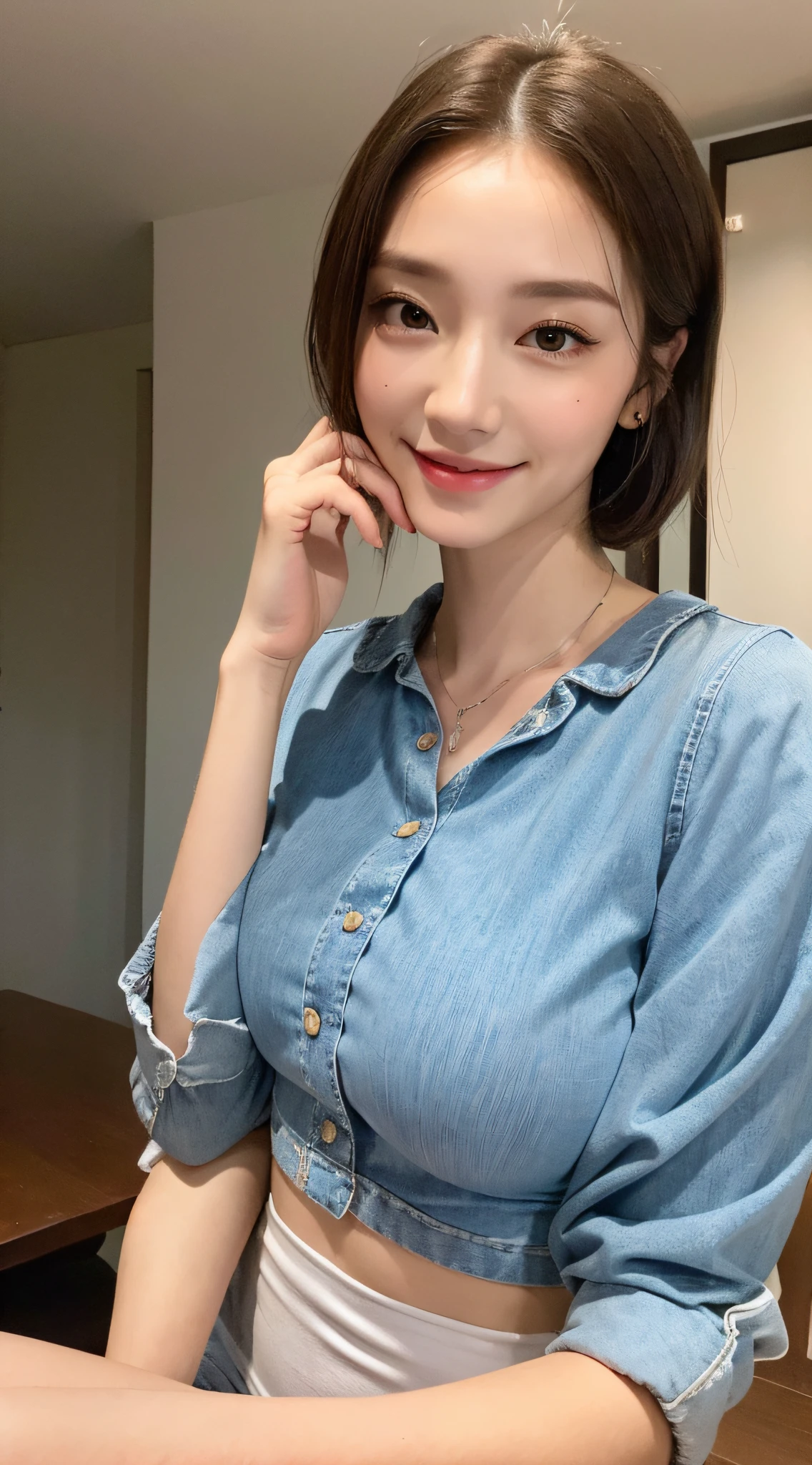 ((Best Quality, 8K, Masterpiece: 1.3)), 1girl, Slim Abs Beauty: 1.3, (Casual hairstyle, Big Breasts: 1.2), Dress: 1.1, Super fine face, Detailed eyes, Double eyelids, smile, Home, Focus