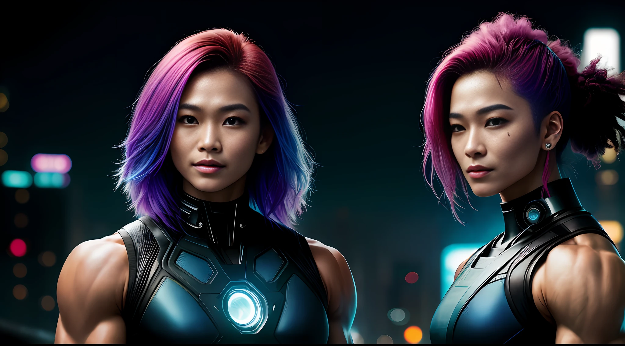 cyberpunk portrait photography, beautiful young thai woman with colorful hair, bodybuilder physique, looking away from camera in glowing futuristic, smile, superhero outfit, smiling, super realistic face, eyes visible through hair, proper eye position, natural skin, soft light, rim light, hips, in road side, detailed background, intricate , highly detail, octane render, HD, 8k, by Annie Leibovitz,120mm