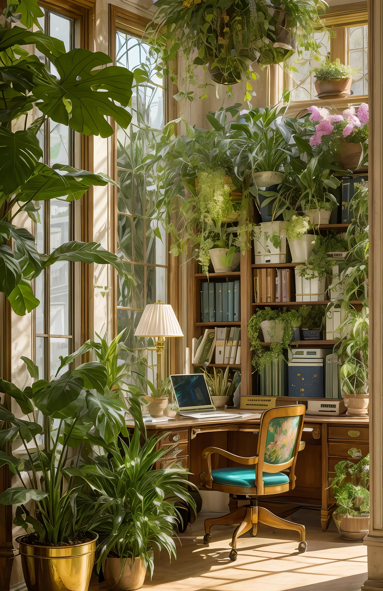 Architectural Digest photo of a maximalist green {vaporwave/steampunk/solarpunk} ((Home office)) with flowers and plants, golden light, hyperrealistic surrealism, award winning masterpiece with incredible details, epic stunning