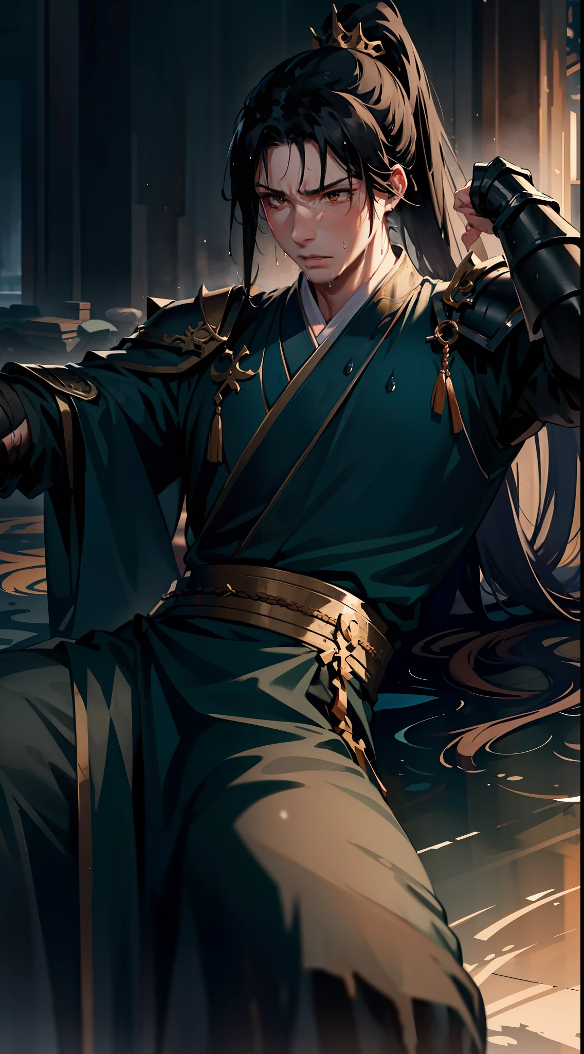 Two-dimensional, anime style, man (male warrior), muscle, correct proportions, face details, martial arts, high ponytail hairstyle, sweating, sweaty face, drooling, neck details, with Adam's apple, wet, wet, Hanfu costume, long robe, embroidered robe, dragon robe, clothing details, collar, long sleeves, game quality, swordsman demeanor, light and shadow tracing, ray tracing, detail glow, CG rendering, hair details, long black hair, golden eyes, sweaty face, handsome, handsome, sweat beads slipping down the neck, (juvenile feeling), complex clothing, wet, wet, perfect composition, refinement, high quality, more details, a lot of details, complex background, atmosphere,