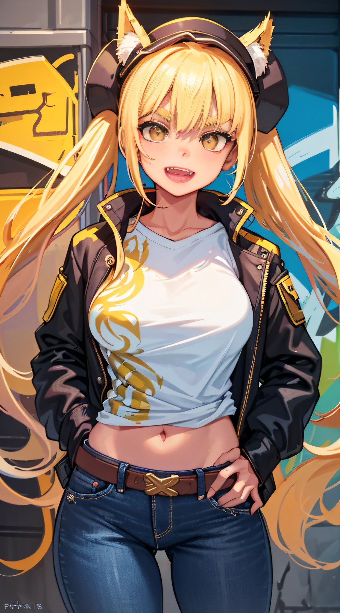 Original Character, Volumetric Lighting, Best Shadows, Shallow Depth of Field, Portrait Of Stunningly Beautiful Girl, Petite, Delicate Beautiful Attractive Face With Alluring Yellow Eyes, Messy Painted Face, Sharp Eyebrows, Broadly Smiling, Open Mouth, Fangs Out, Lovely Medium Breasts, Layered Long Twintail Blond Hair, Blush Eyeshadow, Thick Eyelashes, Applejack Hat, Oversized Pop Jacket, Mini Underboob Tee, Open Navel, Slim Waist, Denim Jeans Pants, With Buckle Belt, In The Graffiti Alley, Waste Container, Outside Stairs, Outdoor Unit, Holding Spray Paint Can, Standing, (Highest Quality, Amazing Details:1.25), (Solo:1.3), Brilliant Colorful Paintings