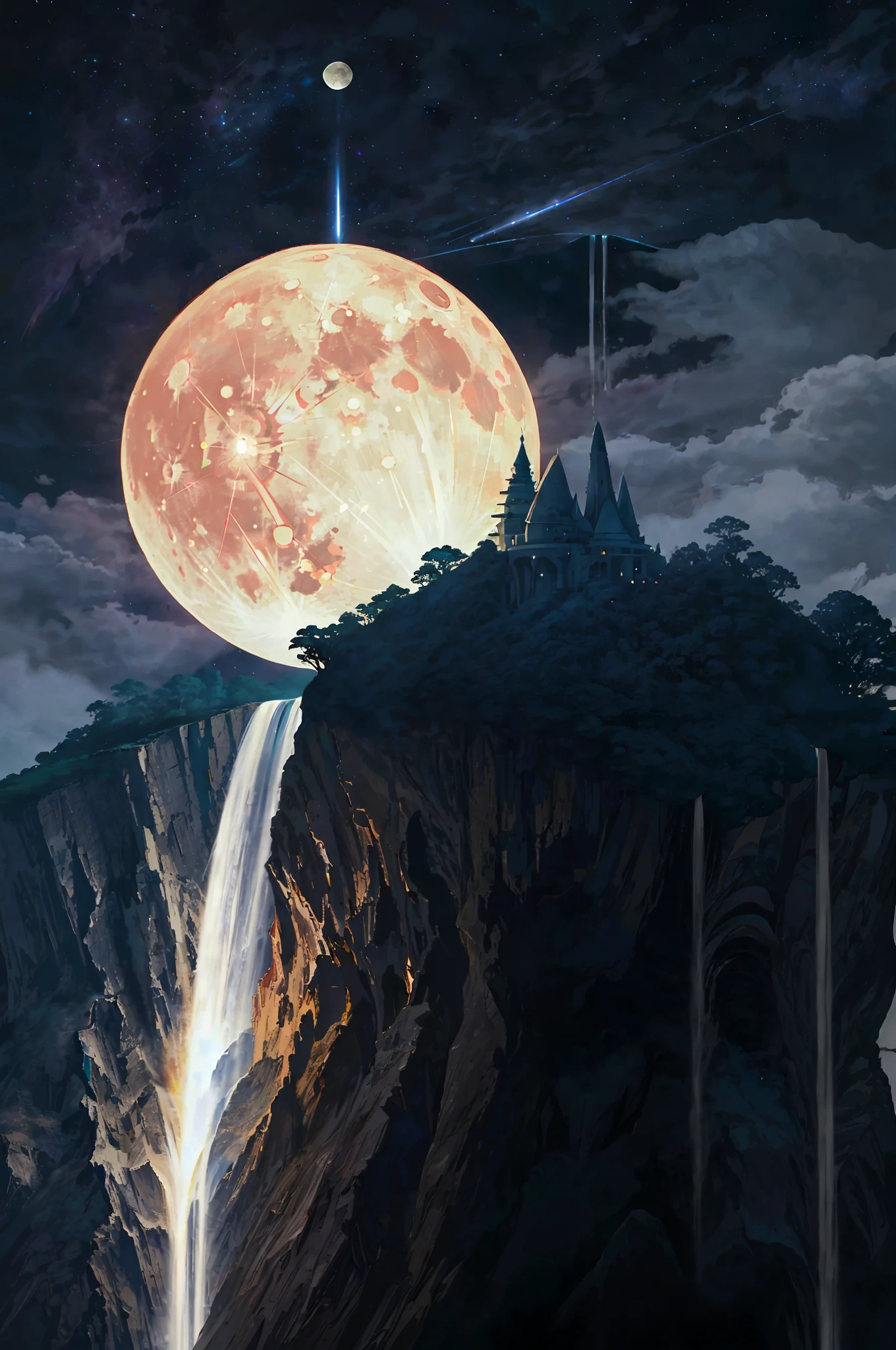 a close up of a full moon rising over a waterfall, the moon crashing into the earth, the moon crashes into the earth, moon hitting earth, nuclear blast moon eclipse, moon crash into earth, surreal tears from the moon, giant moon, wallpaper - 1 0 2 4, amazing wallpaper, beautiful wallpaper, moon rising, large glowing moon, 🚀🚀🚀, lava waterfalls