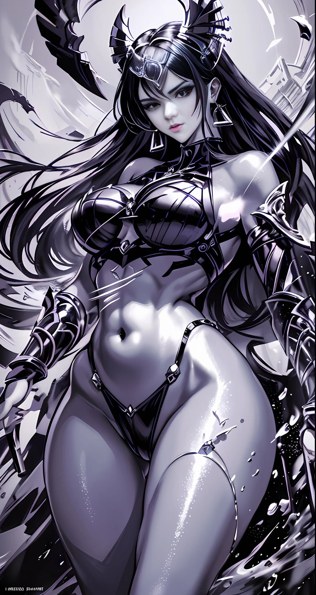 Masterpiece, great black and white anime works, style of Japanese manga masters, black and white art, line art, pen drawing art, a mature woman wielding a huge iron sword (from below: 1.5) (((in the pool: 1.2))) (Full body standing)))) (Solid color steel armor inspired by Victoria's Secret), (Broken + Costume: 1.5) (Full body pose: 1.5), (Krounchana: 1.5) Hips ((Lower chest +Upright under the bra)), (double eyelids) (delicate makeup) (fantasy: 1.2), battle woman, full body armor, fire element, (mythology: 1.5), exposed navel, thong, (large panorama: 4), wide angle, (dramatic: pose), (ethereal: lighting), (mysterious: atmosphere), (complex: details), (carefully designed hair + design), (ancient artifacts), human warrior woman (carefully designed necklace bracelet earrings gemstone pendant inspired by Harry Winston) (Sacred: Light), (Spiritual Essence) (Evocative: Expressive), Long Legs, 180CM Height, (Daring: Brushstrokes), (Epic: Proportional) Masterpiece 16K --s2