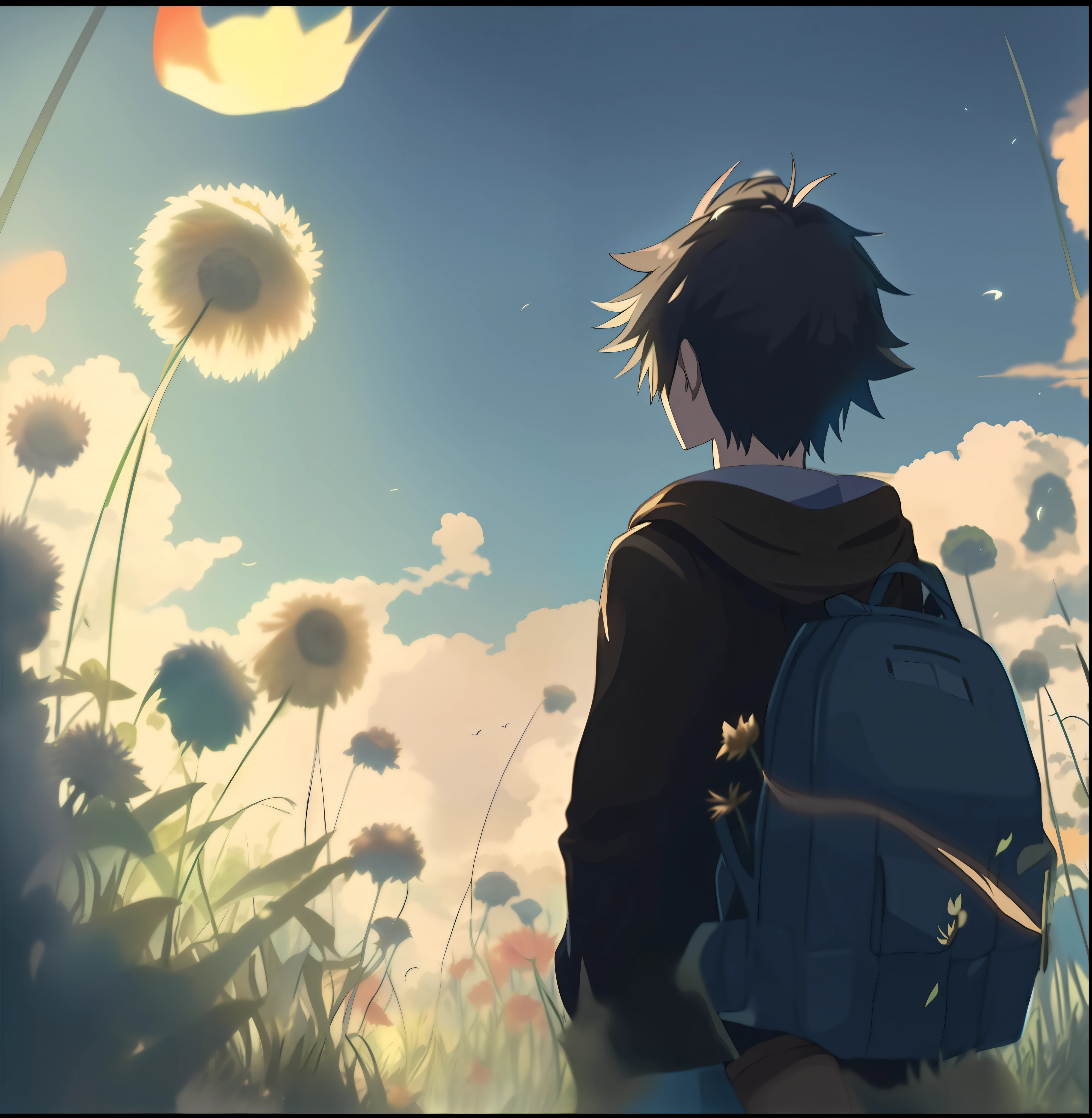 anime boy with backpack looking at dandelions in field, makoto shinkai cyril rolando, ( ( makoto shinkai ) ), beautiful anime scene, anime background, anime movie background, anime. by makoto shinkai, guweiz and makoto shinkai, style of makoto shinkai, makoto shinkai!, atmospheric anime, by Yang J