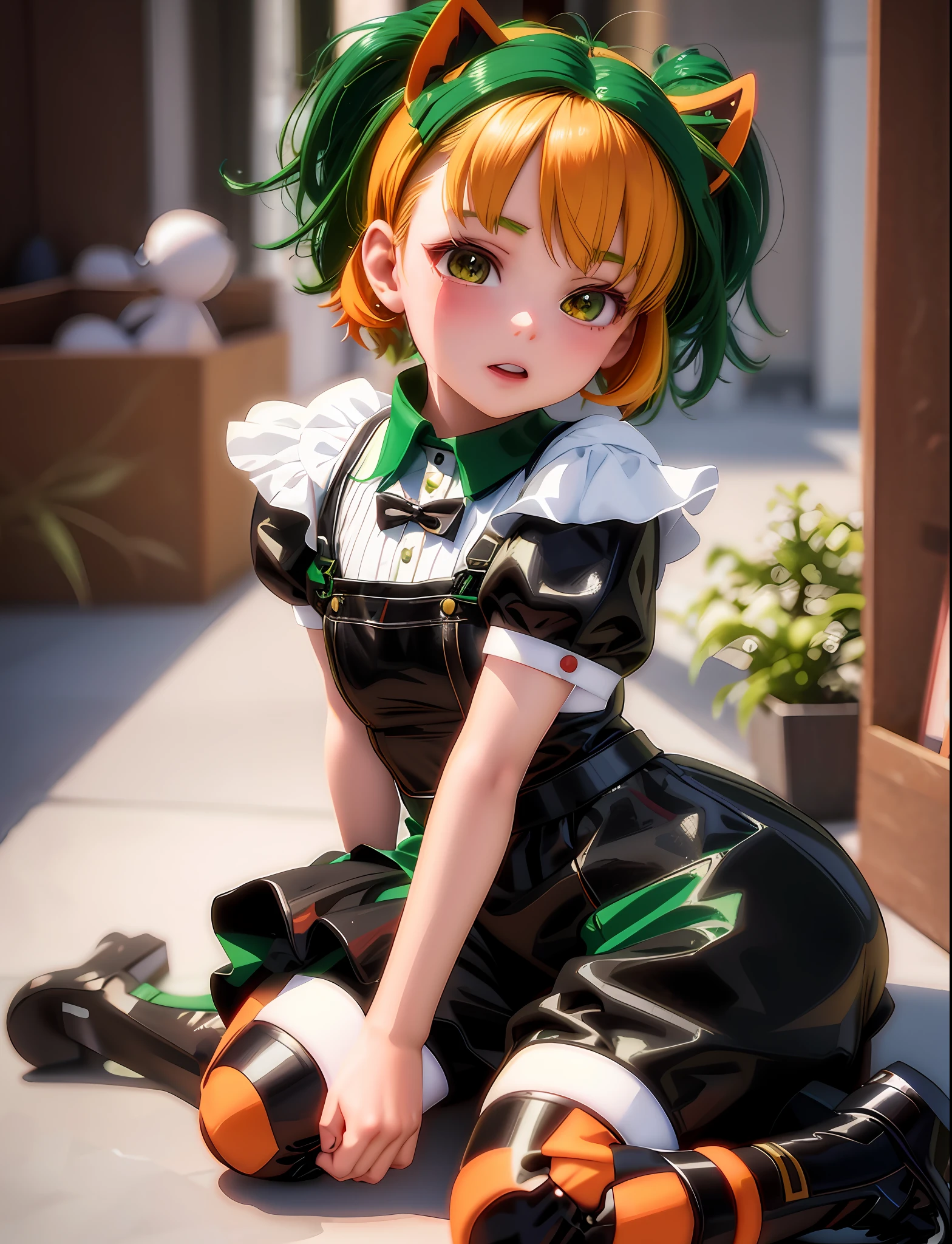 anime girl sitting on the floor with a green and orange hair, anime girl in a maid costume, render of a cute 3d anime girl, 3d anime girl, photorealistic anime girl render, anime styled 3d, realistic anime 3 d style, 3 d anime realistic, photorealistic anime, perfect android girl, hyperrealistic schoolgirl, a hyperrealistic schoolgirl