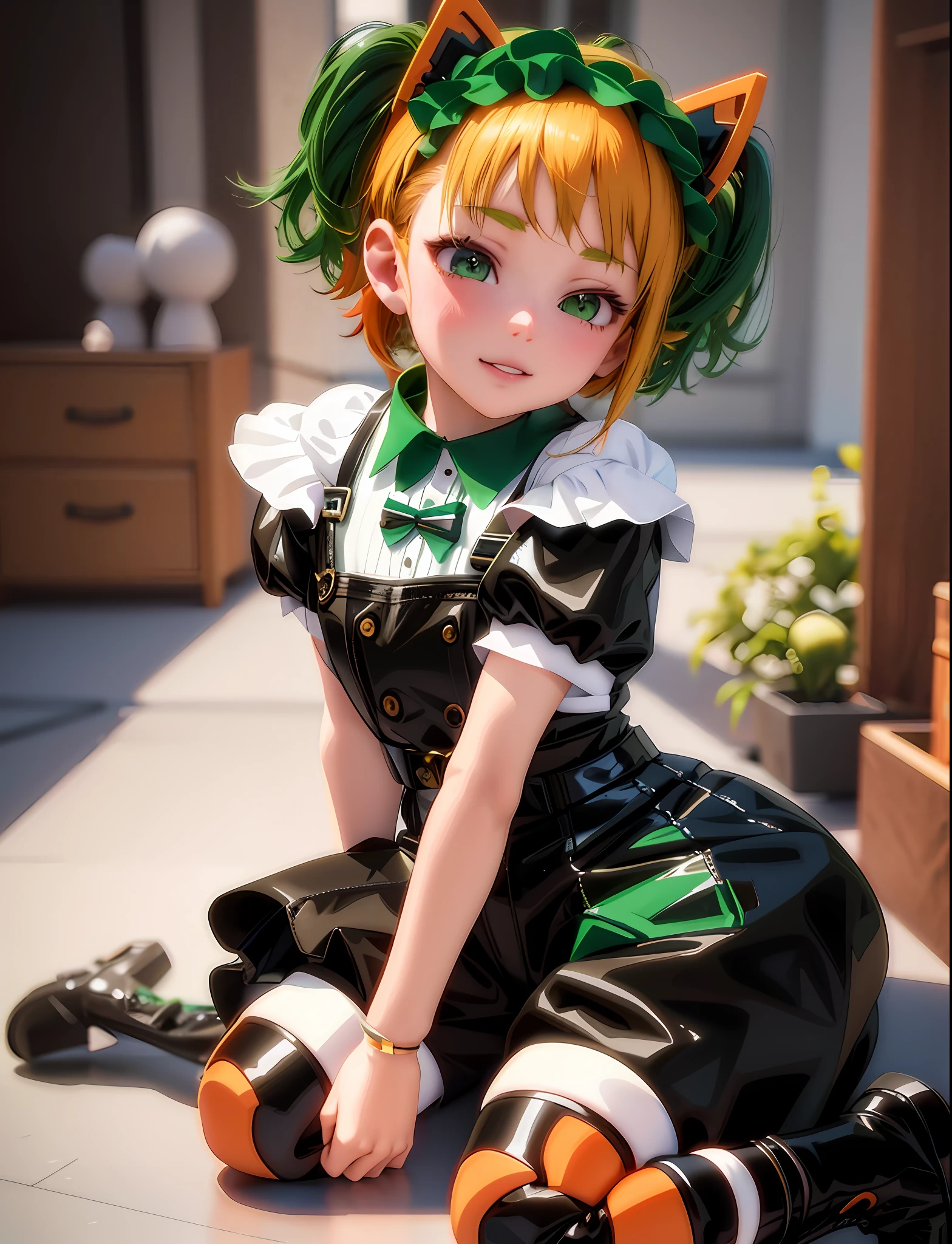 anime girl sitting on the floor with a green and orange hair, anime girl in a maid costume, render of a cute 3d anime girl, 3d anime girl, photorealistic anime girl render, anime styled 3d, realistic anime 3 d style, 3 d anime realistic, photorealistic anime, perfect android girl, hyperrealistic schoolgirl, a hyperrealistic schoolgirl