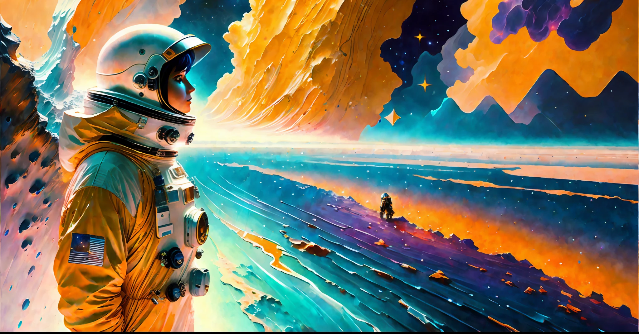 astronaut,  climbing the asteroid,  character render, ultra high quality model, ethereal background, abstract beauty, explosive volumetric, oil painting, heavy strokes, paint dripping