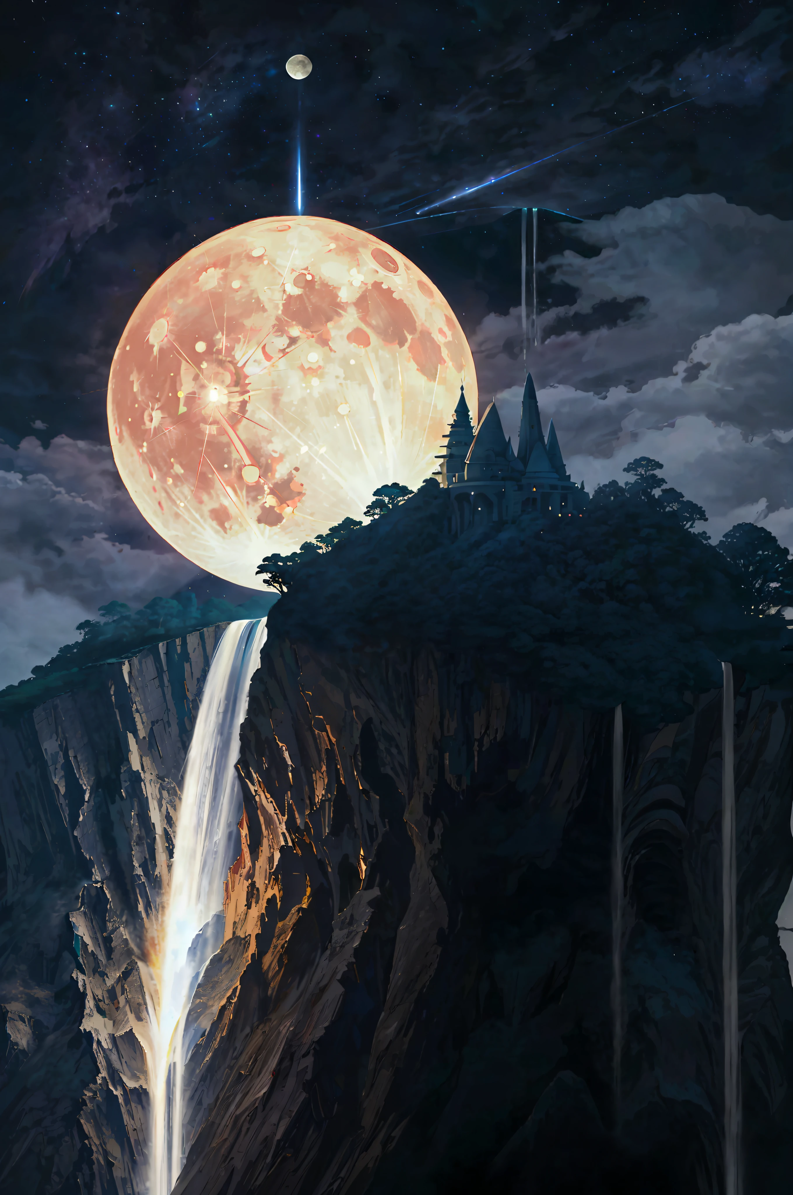 a close up of a full moon rising over a waterfall, the moon crashing into the earth, the moon crashes into the earth, moon hitting earth, nuclear blast moon eclipse, moon crash into earth, surreal tears from the moon, giant moon, wallpaper - 1 0 2 4, amazing wallpaper, beautiful wallpaper, moon rising, large glowing moon, 🚀🚀🚀, lava waterfalls