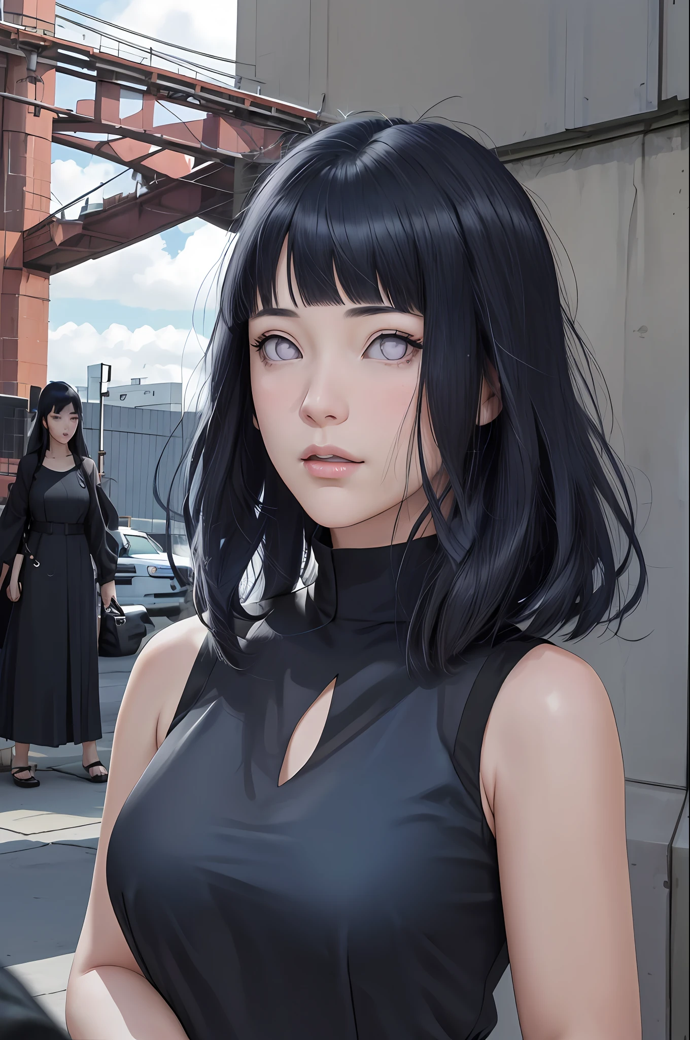 masterpiece, hinata\(boruto\), 1girl, solo, mature female, (((black dress))), tight skirt, ((modest outfit)), outdoors, looking at viewer, cloudy sky, perfect composition, detailed lips, big breast, beautiful face, body propotion, blush, (pink lips), ((long hair)),  purple eyes,  soft gaze, sad smile,  super realistic, detailed, photoshoot, realistic face and body,  realistic hair, realistic eyes, realistic nose, realistic lips, (((dark blue hair))),  sleeveless dress
