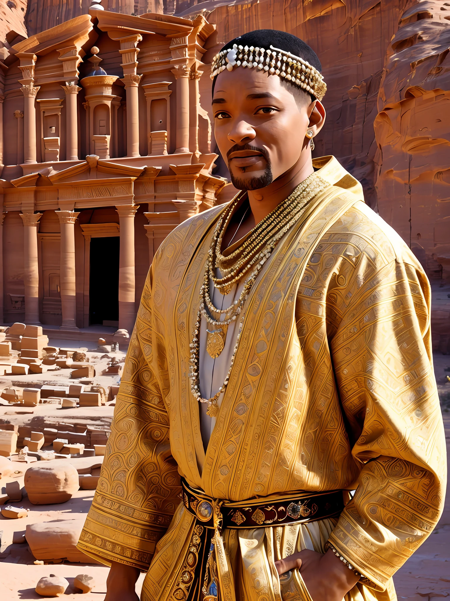 Will Smith: In the majestic city of Petra, Jordan, Will Smith embraces the attire of an Arabian prince. Dressed in a finely embroidered robe and adorned with ornamental jewelry, he explores the ancient sandstone architecture, exuding charisma and adventure.