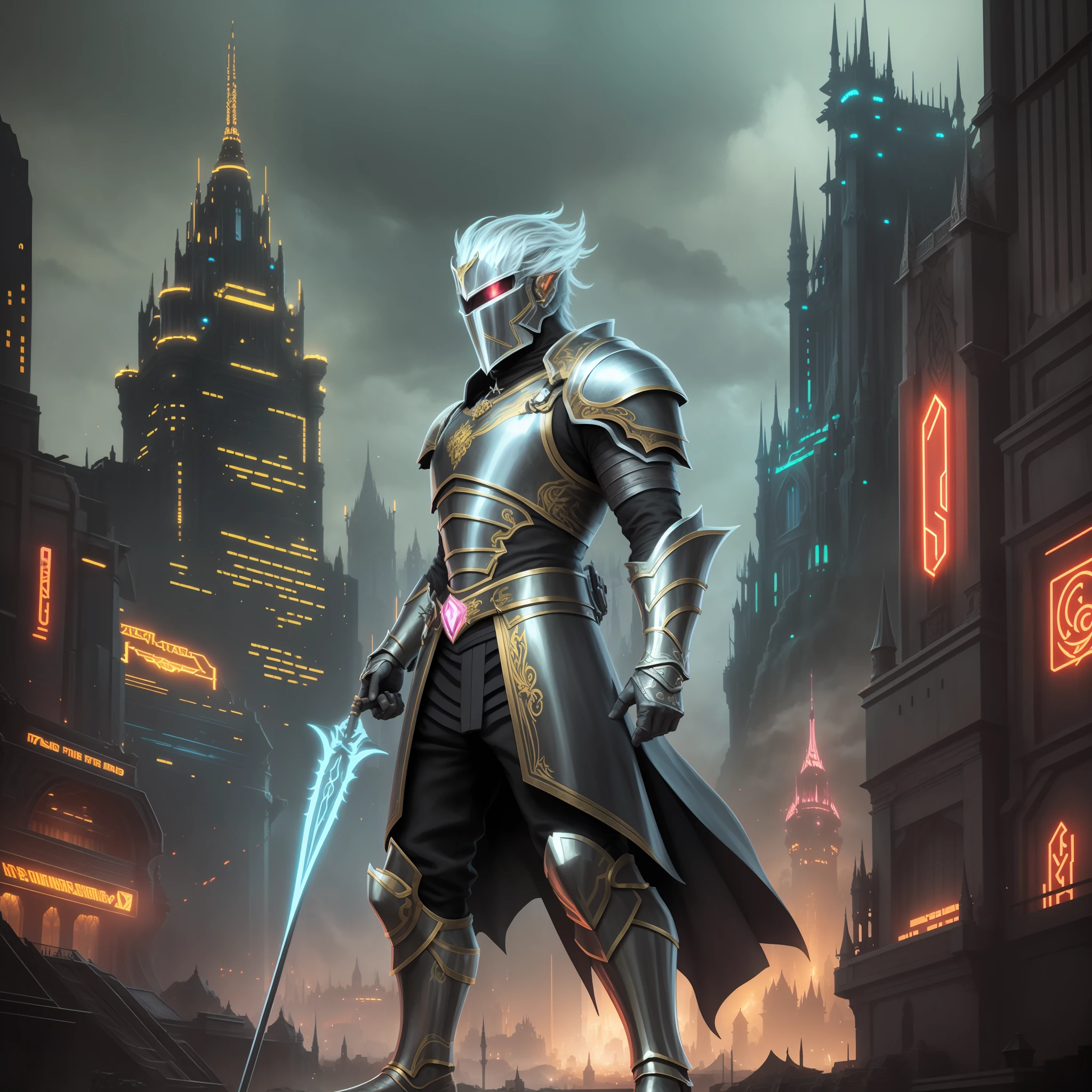 Art for card game, mystical style Lord of the rings, realistic art, knight in his golden armor, mixed with cyber punk, with neon castles in the background, neon city, neon illuminated, character highlight, accurate, realistic, unreal engine 5 --auto --s2