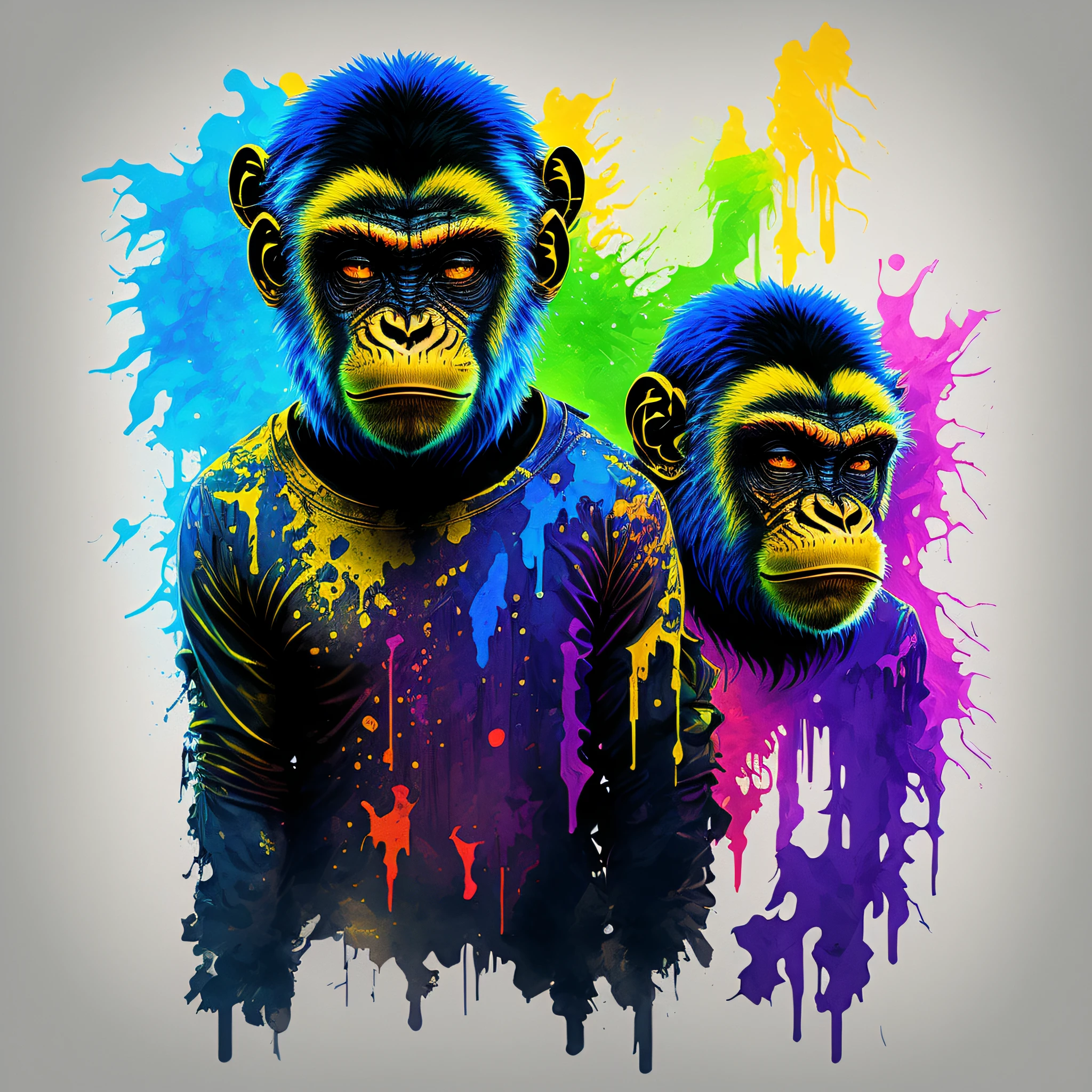 (a portrait of Cyberpunk Monkey with colored fluid), T-shirt logo in tapered thin outline style, spell view, artwork in (empty background:1.4)