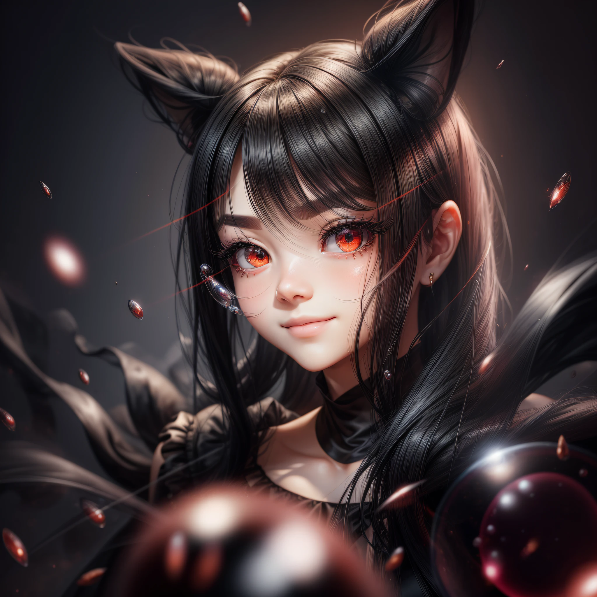 (Black silk, slip dress, red hair, hair bubbles, long eyelashes, solid round eyes, light smile, ear blush, fangs: 1.3) surrealism, shadow emphasis, three-dimensionality enough, Tachi-E, viewing angle shot from under the subject, 8K picture quality, best detail, extremely high precision, skin without texture loss, atmospheric perspective -auto -s2