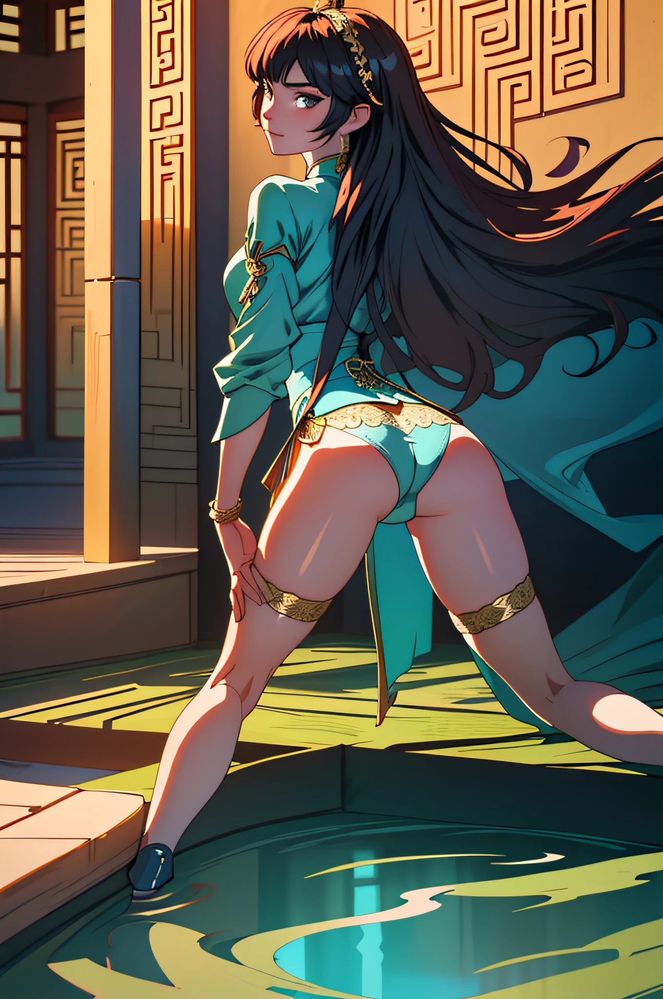 Unparalleled masterpiece, ultra-realistic 8k CG, flawless artwork, 1girl, extrmly close-up shot, (((Perfect female figure)),, on all fours, (((hands and knees on the floor on all fours)), (from behind)), Beautiful , (Butcing straight back)), (Translucent underwear)), emphasizing realism, Pay attention to the details of the picture. This official art Unreal 8k wallpaper is a super detailed and beautiful masterpiece of the highest quality. The use of dynamic angles shows the elegance and romanticism of the image. The figure has large breasts, nos, and camel ((Chinese drin waist, Chinese god, (((crotch open)), (underwear visible), seductive posture, sexy pose, attractive, clean, beauul face, pure face, thin skin, ridiculously long hair, goddess, shiny skin, skindentation, delicate patterns, intricate details, (rich: 1.4), fantasy, god, clean, rich, prestige, Fantastic, Best, Vertex, Paramount, Goddess, Lace, Lace Trim, Delicate Pattern, Shiny Skin, Gold, Royal, Queen, Supernatural, Phenomenal, Wonderful, Spotlight, Highly Detailed Face, Super Idol Face, Messy Hair, Perfect Lighting, (Detail Light), (Very Delicate and Beautiful)), dramatic_shadow, ray_tracing, Seductive smile, ((full body, viewer look, strap heel, POV)), ancient Chinese background, Chinese pattern, shawl, feather robe, hanf, detailed clothes, Chinese pattern dress, (indoor + dark atmosphere + Chinese courtyard + pond + pavilion + peace + bridge +