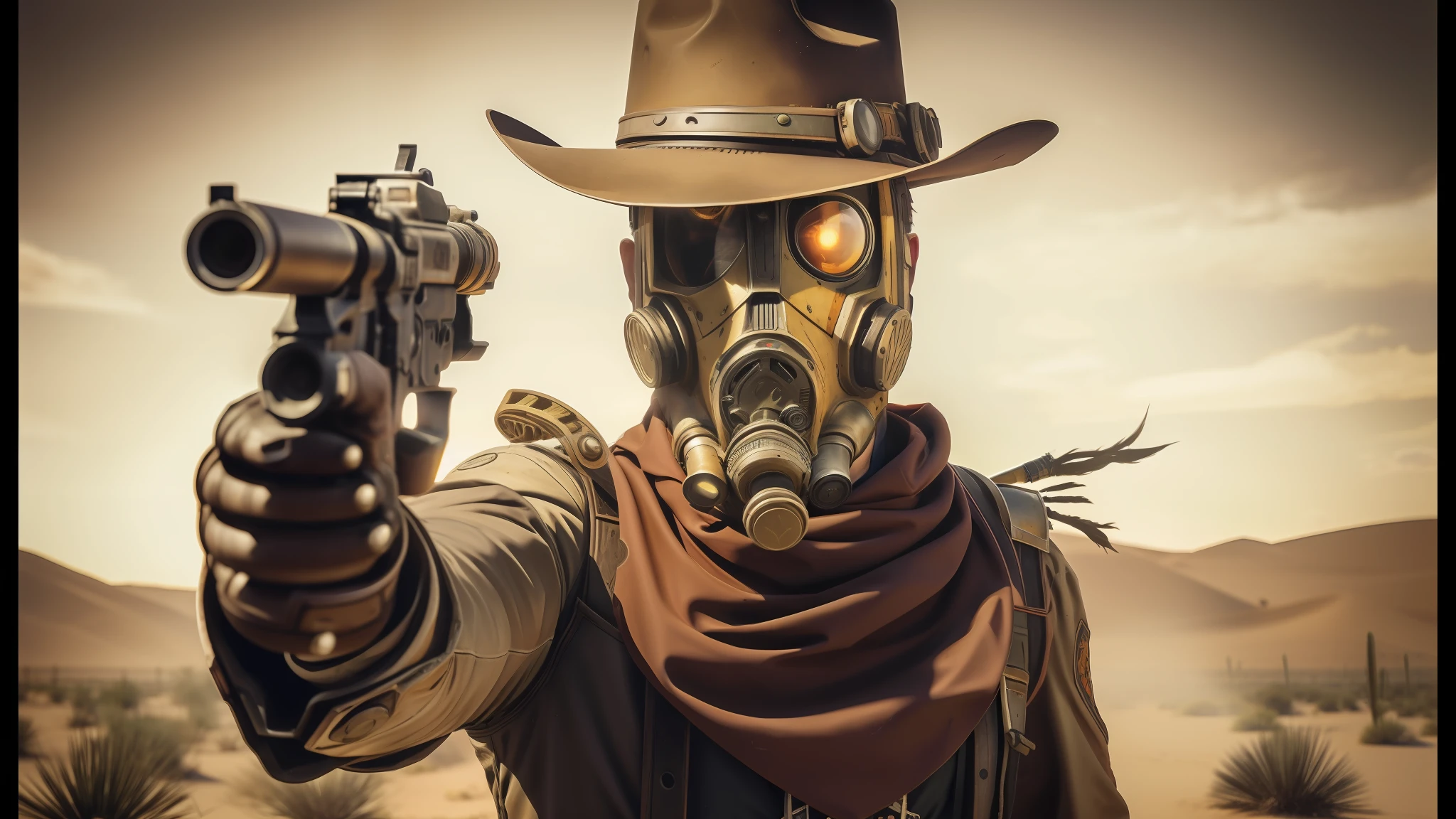 there is a man in a gas mask holding a gun, western background, cyberpunk wild west, full-body photography, realistic cosplay, borderlands art style, antasy character, sorcerer of sand, american shot, normal people with costumes, character close-up, high noon, detailed character portrait, cactus