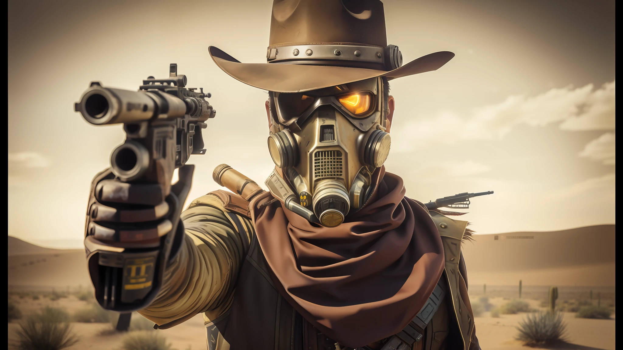 there is a man in a gas mask holding a gun, western background, cyberpunk wild west, full-body photography, realistic cosplay, borderlands art style, antasy character, sorcerer of sand, american shot, normal people with costumes, character close-up, high noon, detailed character portrait, cactus
