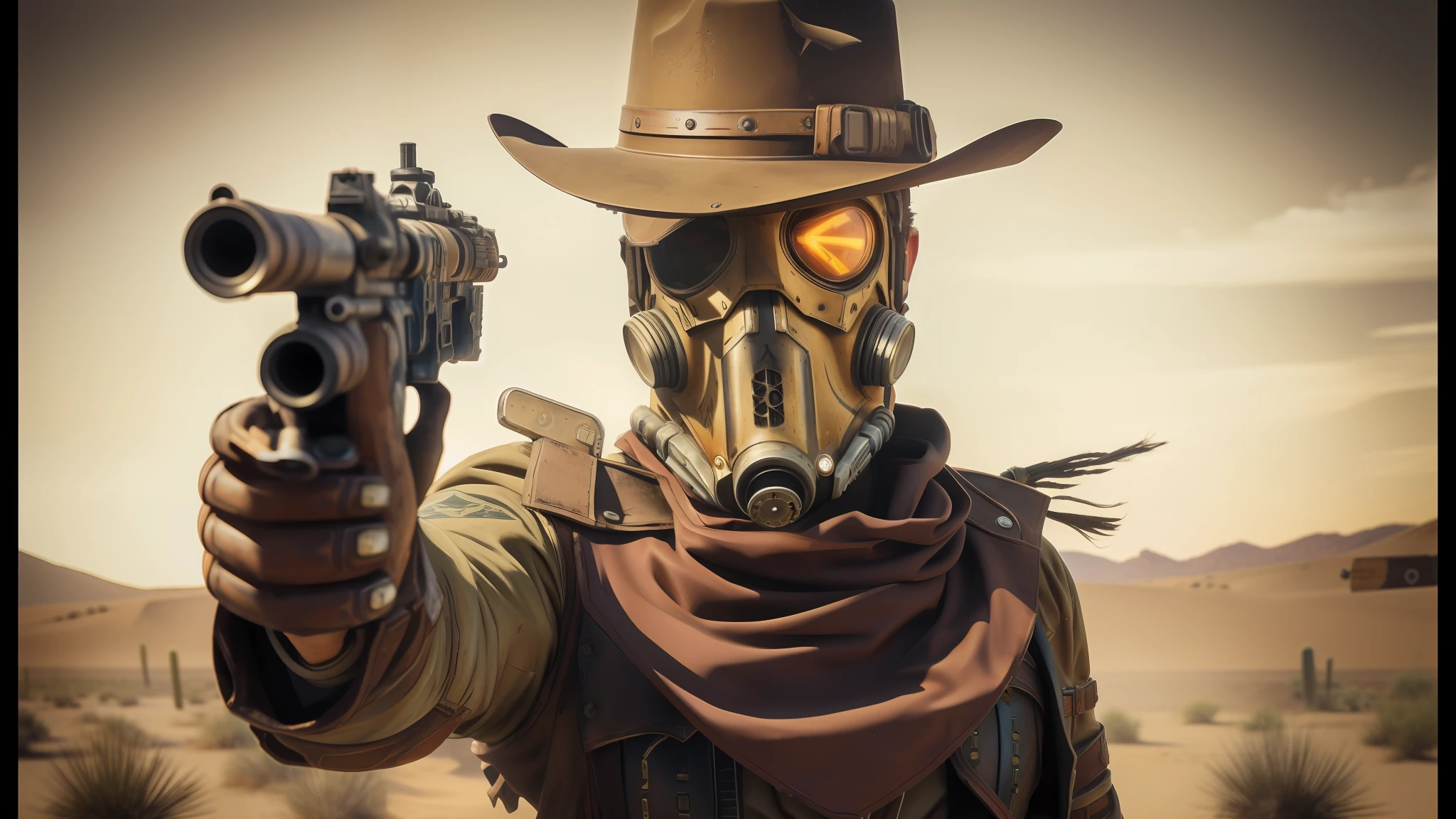 there is a man in a gas mask holding a gun, western background, cyberpunk wild west, full-body photography, realistic cosplay, borderlands art style, antasy character, sorcerer of sand, american shot, normal people with costumes, character close-up, high noon, detailed character portrait, cactus