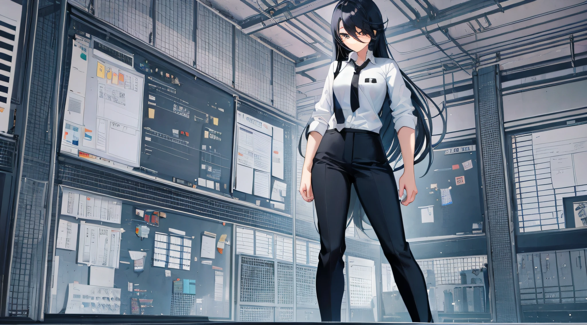 Girl, student, long hair, cartoon face, black tie, white shirt, black pants, super, full body, classroom
