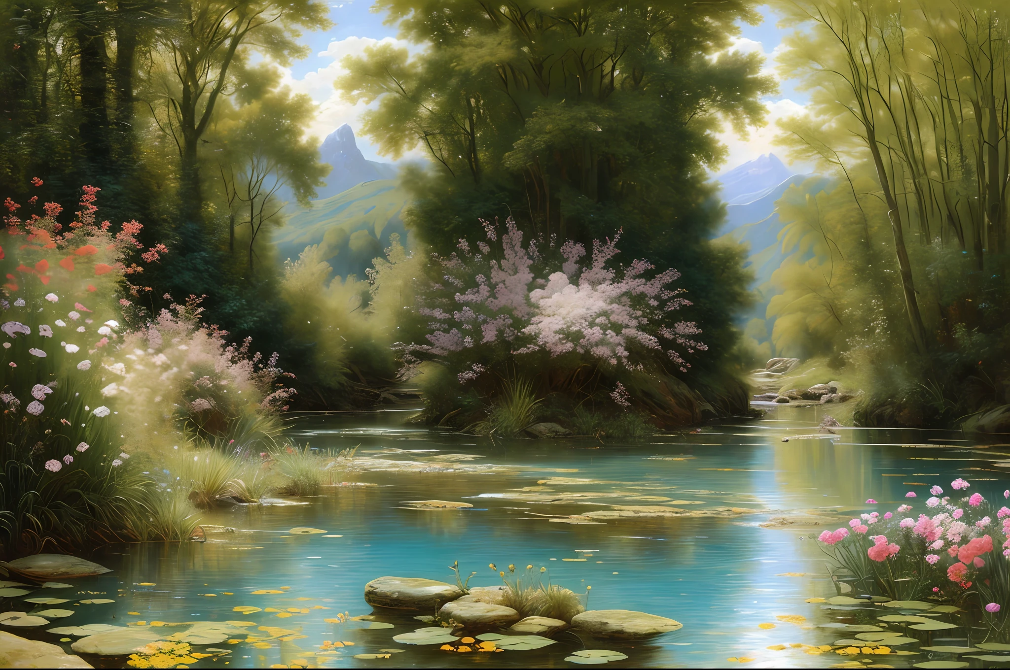 mountain landscape, water, blue sky (extremely detailed CG 8k unit wallpaper), world's most beautiful artwork, professional majestic oil painting, complex, high detail, sharp focus, dramatic, photorealistic painting art, tropical landscape, water, (extremely detailed CG 8k unit wallpaper), world's most beautiful artwork, professional majestic oil painting, complex, high detail, sharp focus, dramatic, photorealistic painting art, alma tadema style, lots of flowers, lots of ferns,