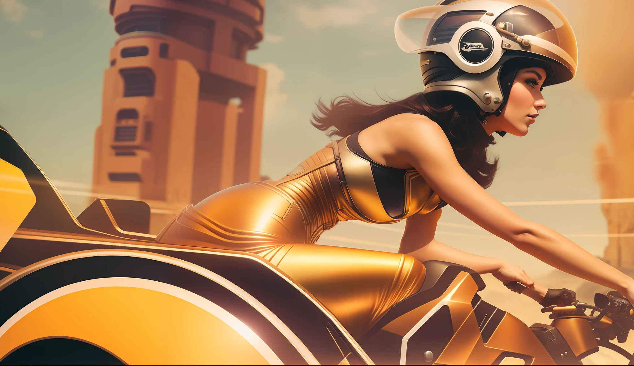 a woman riding a motorcycle with a helmet on, a matte painting by Jason A. Engle, featured on cg society, retrofuturism, steampunk, reimagined by industrial light and magic, behance hd