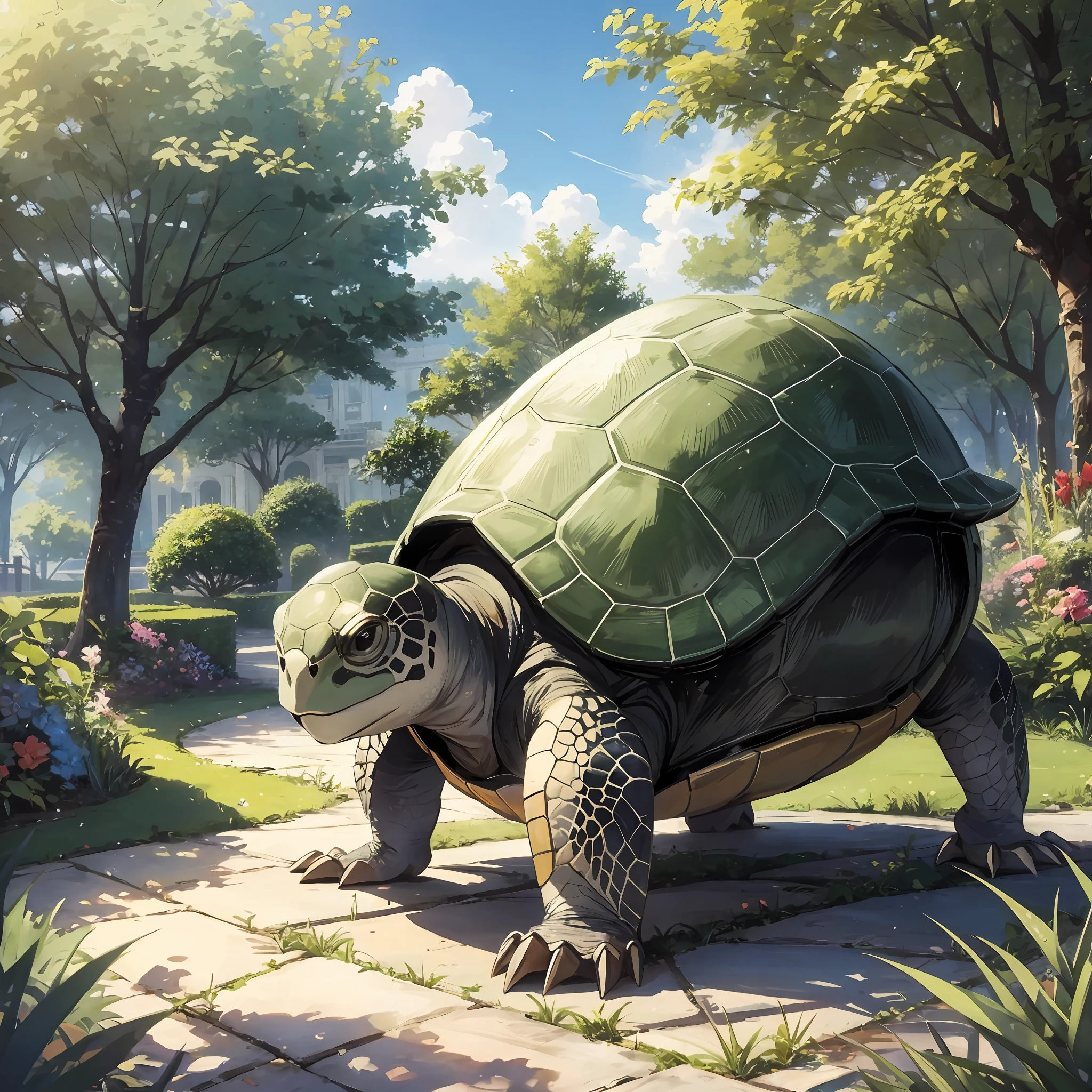 There is a picture of a turtle, a beautiful garden in the background --auto --s2