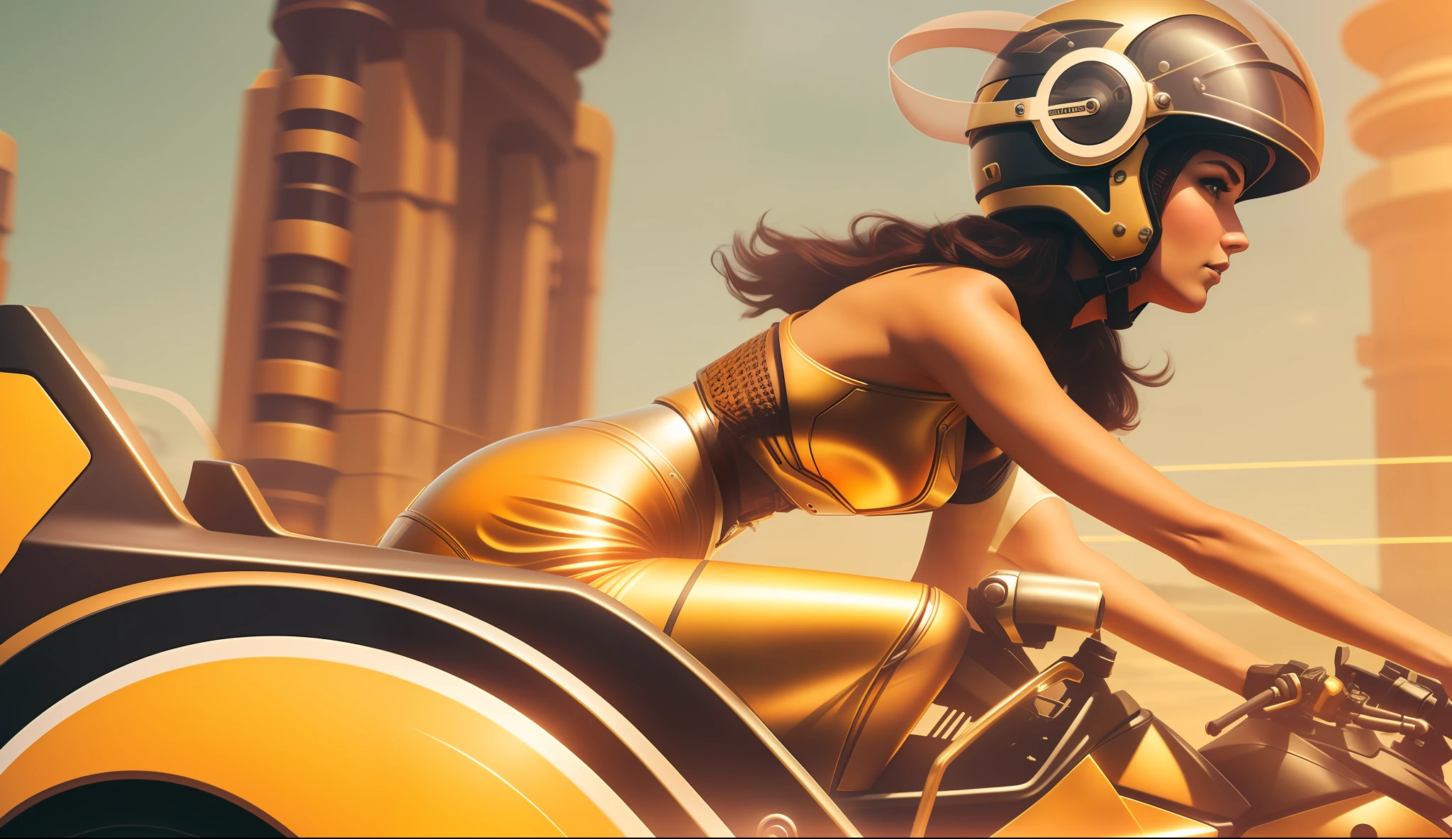 a woman riding a motorcycle with a helmet on, a matte painting by Jason A. Engle, featured on cg society, retrofuturism, steampunk, reimagined by industrial light and magic, behance hd