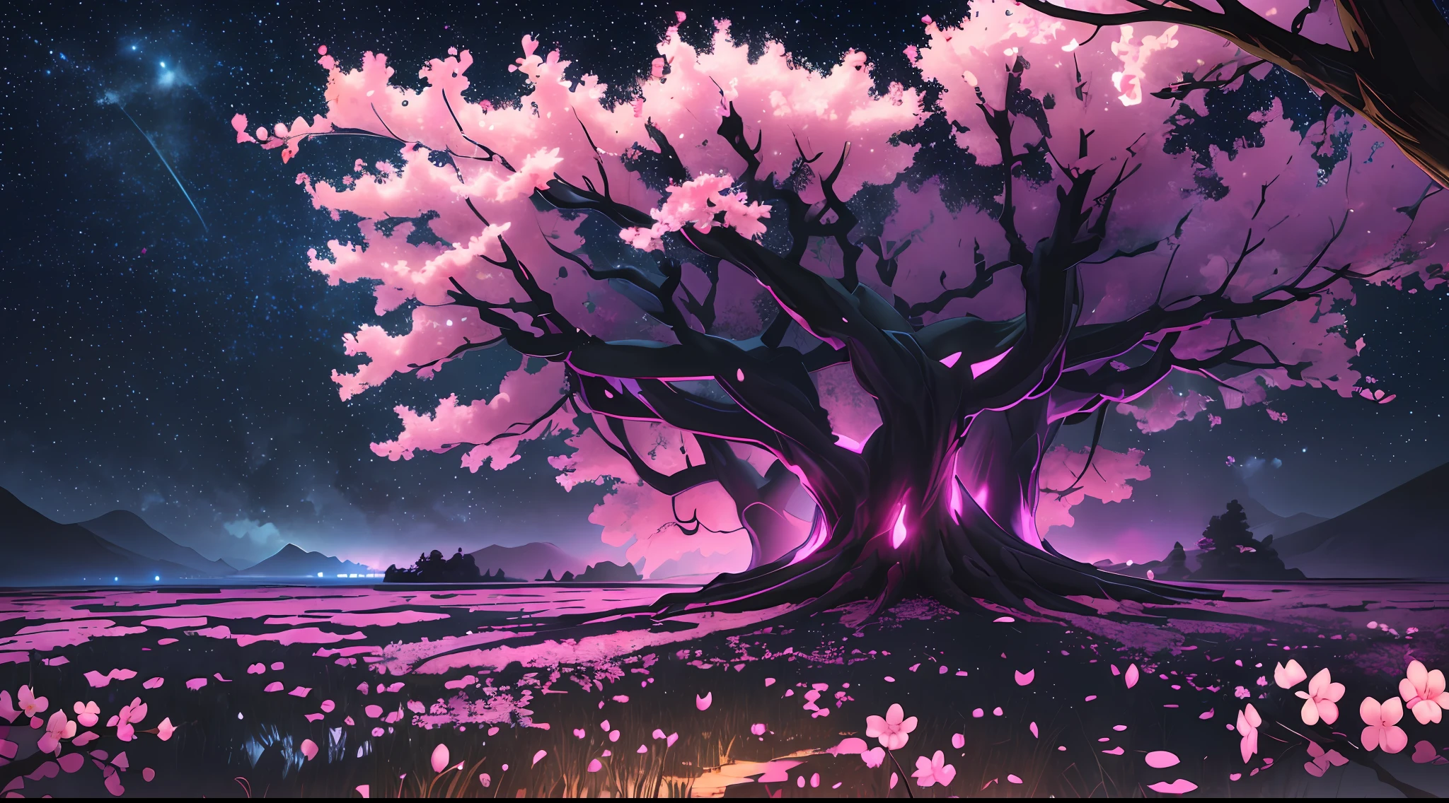 Linemoto cherry blossoms (night), (highly detailed CG unified wallpaper 8k) (highest quality), (best illustrations), bright colors (best shades), jungle, water, natural beauty, oasis of tranquility, cherry blossoms, super detail, antique porcelain, jade, castle, starry sky, , girl looks up at the night sky, ray tracing, masterpiece, top quality, super quality, absurd details, best light, best shadow, sharp, sharp images, details, Very detailed, high resolution, 8k, 4k, UHD, volumetric, bright sprite, (particle effects), (nighttime) --v6