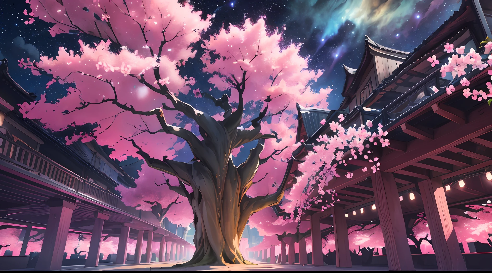 Linemoto cherry blossoms (night), (highly detailed CG unified wallpaper 8k) (highest quality), (best illustrations), bright colors (best shades), jungle, water, natural beauty, oasis of tranquility, cherry blossoms, super detail, antique porcelain, jade, castle, starry sky, , girl looks up at the night sky, ray tracing, masterpiece, top quality, super quality, absurd details, best light, best shadow, sharp, sharp images, details, Very detailed, high resolution, 8k, 4k, UHD, volumetric, bright sprite, (particle effects), (nighttime) --v6