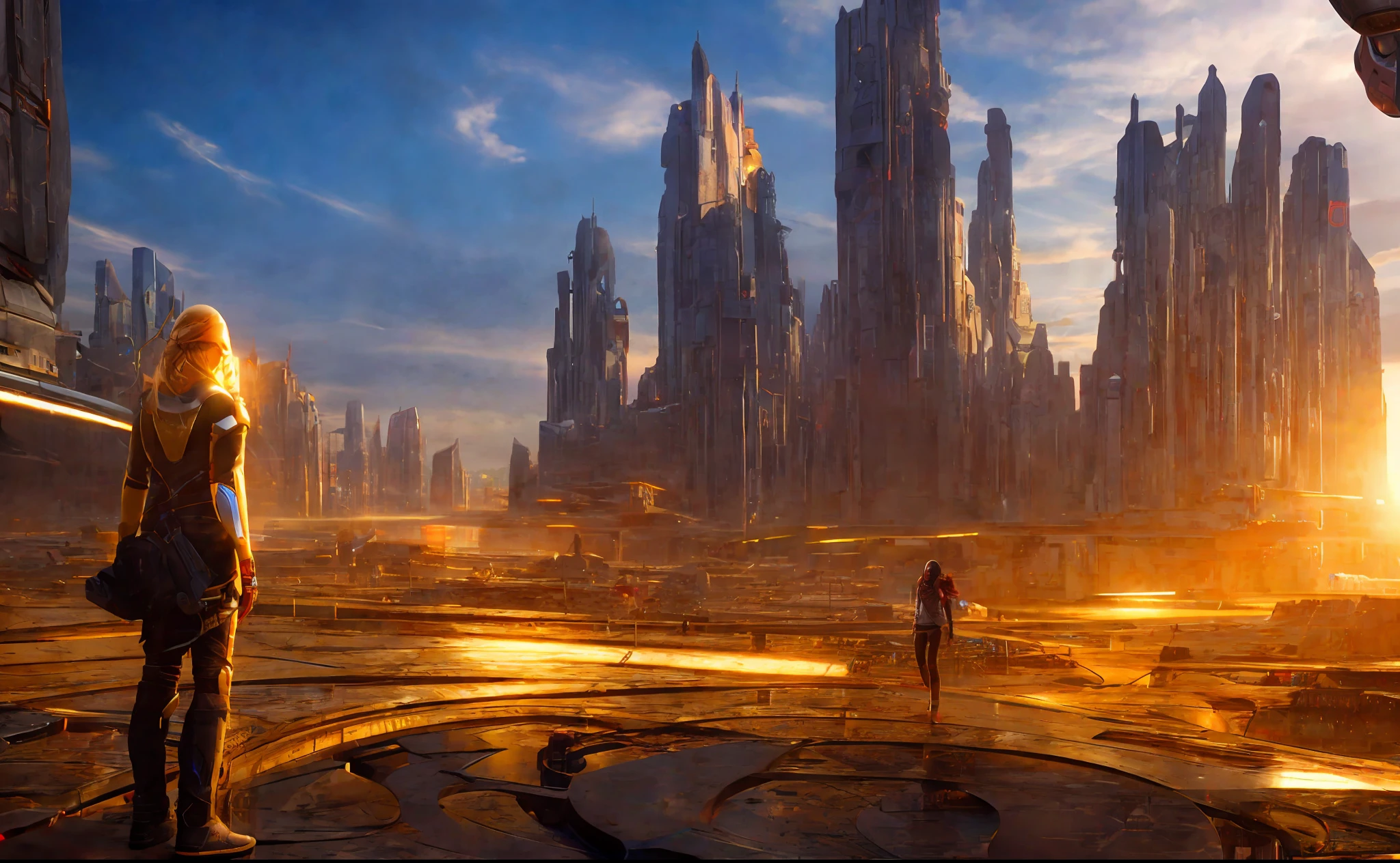 girl on the background of the city, style, Sidon, golden rays light, golden flashes, futuristic sci-fi city landscape, sci-fi, ultra-realistic, high resolution, city