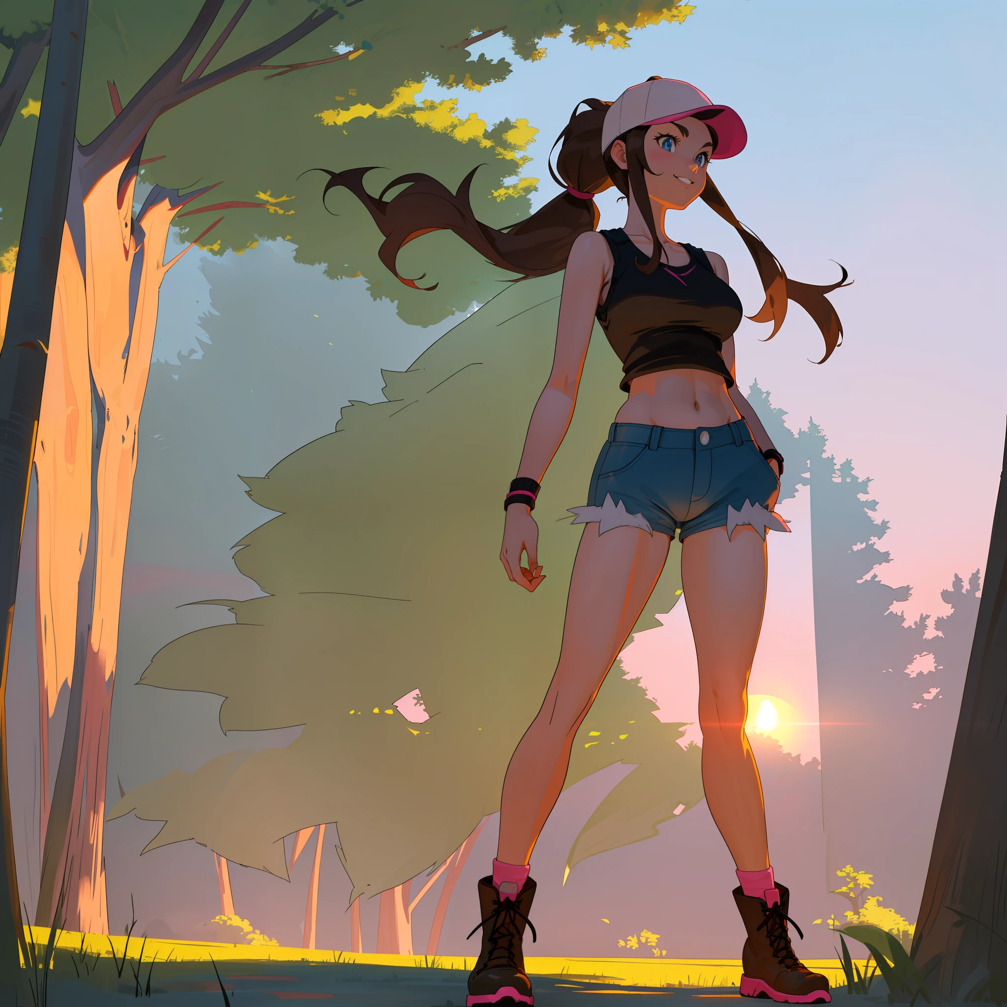 [Misty_(Pokemon)], ((High definition)), ((detailed shading)), ((beautiful solo portrait)), ((full body)), ((raw photo)), ((semi-realistic)), ((anime girl)), {attractive; (brown hair; long ponytail), (beautiful blue eyes), (smug smirk; white teeth), white tank top, (denim short shorts; exposed pockets), (black boots; pink laces), (white baseball cap; pink brim,beautiful legs, curvaceous hips, beautiful lips}, (standing; looking ahead, dynamic pose), [background; plains, sunny, trees, sunset]